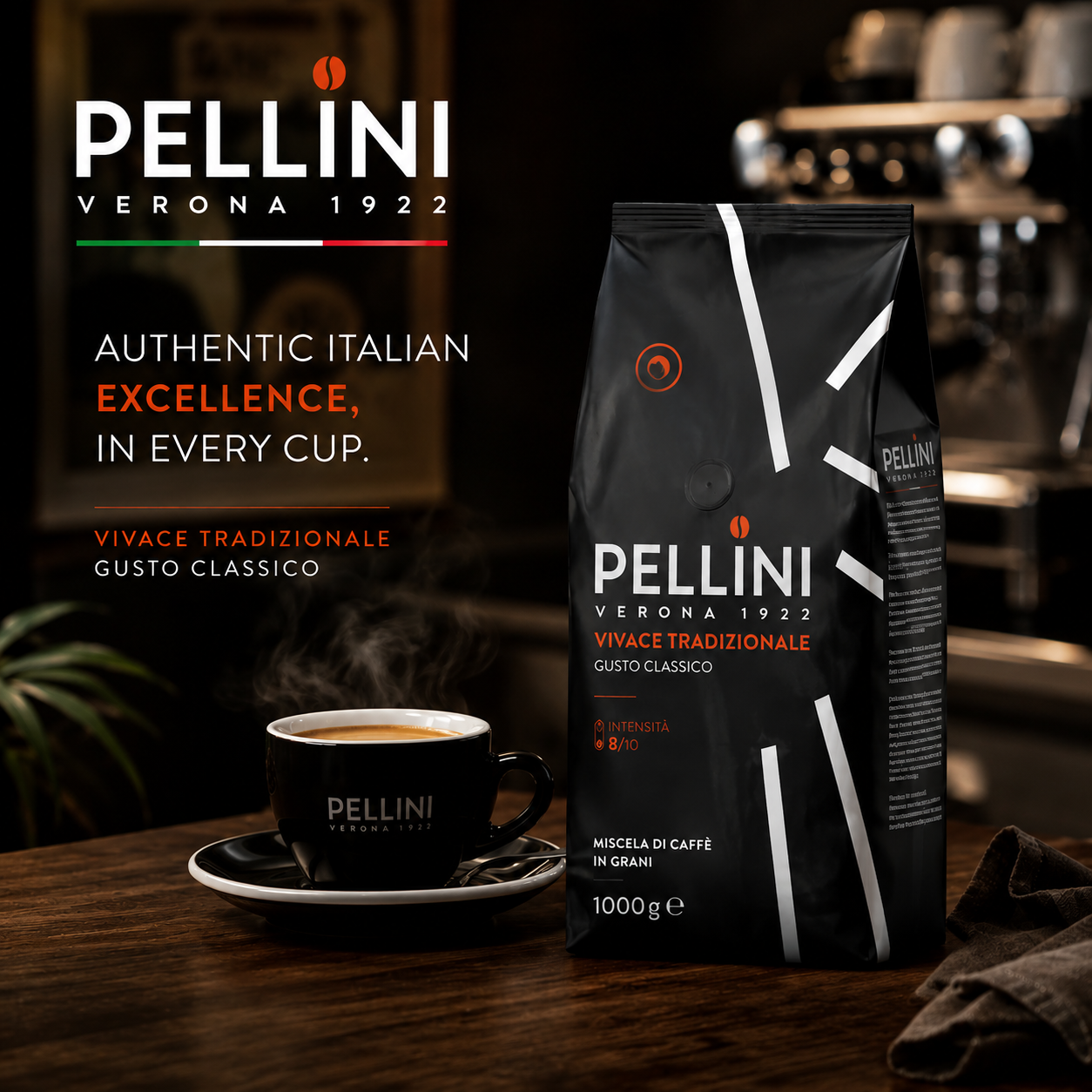 Pellini Vivace Tradizionale espresso coffee beans with balanced aroma and intense Italian roast profile. Wholesale prices for businesses in Singapore.