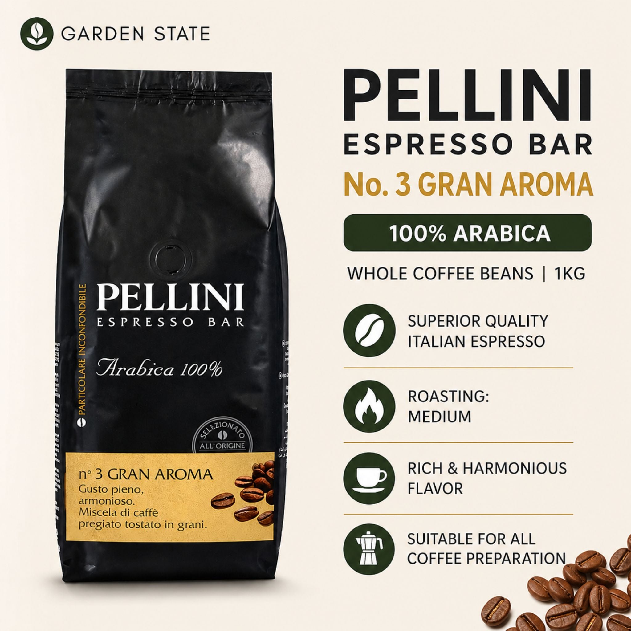 GardenState, Pellini Espresso Bar No. 3 Gran Aroma – 1KG of 100% Arabica whole coffee beans with a medium roast, offering a smooth, harmonious flavor perfect for authentic Italian espresso at home or office. Imported from Italy.