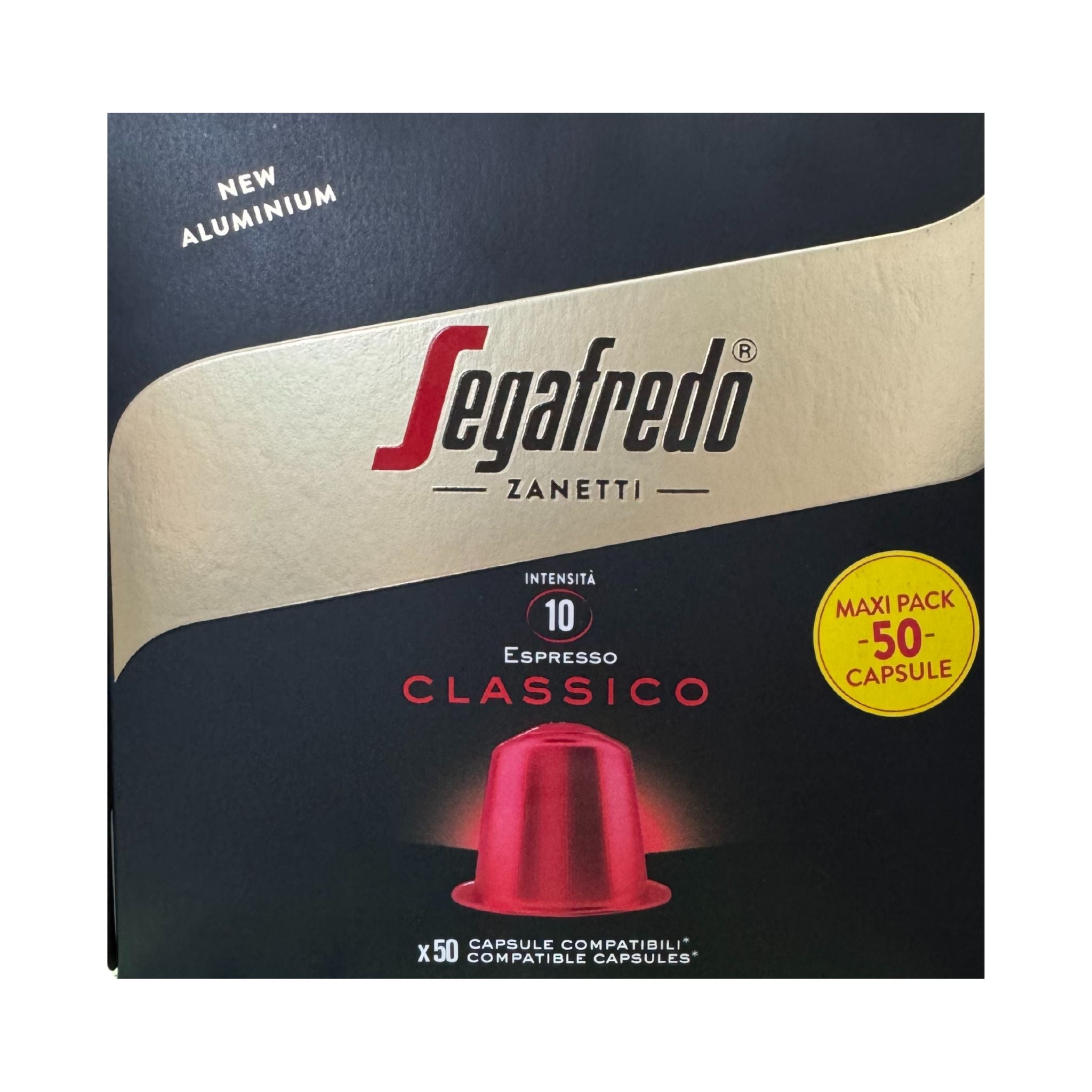 GardenState, Segafredo Espresso Classico 100% Arabica aluminum capsules, Nespresso compatible, 50-pack. Intensity 10 with honey and caramel notes. Suitable for offices, resellers, and daily espresso lovers.