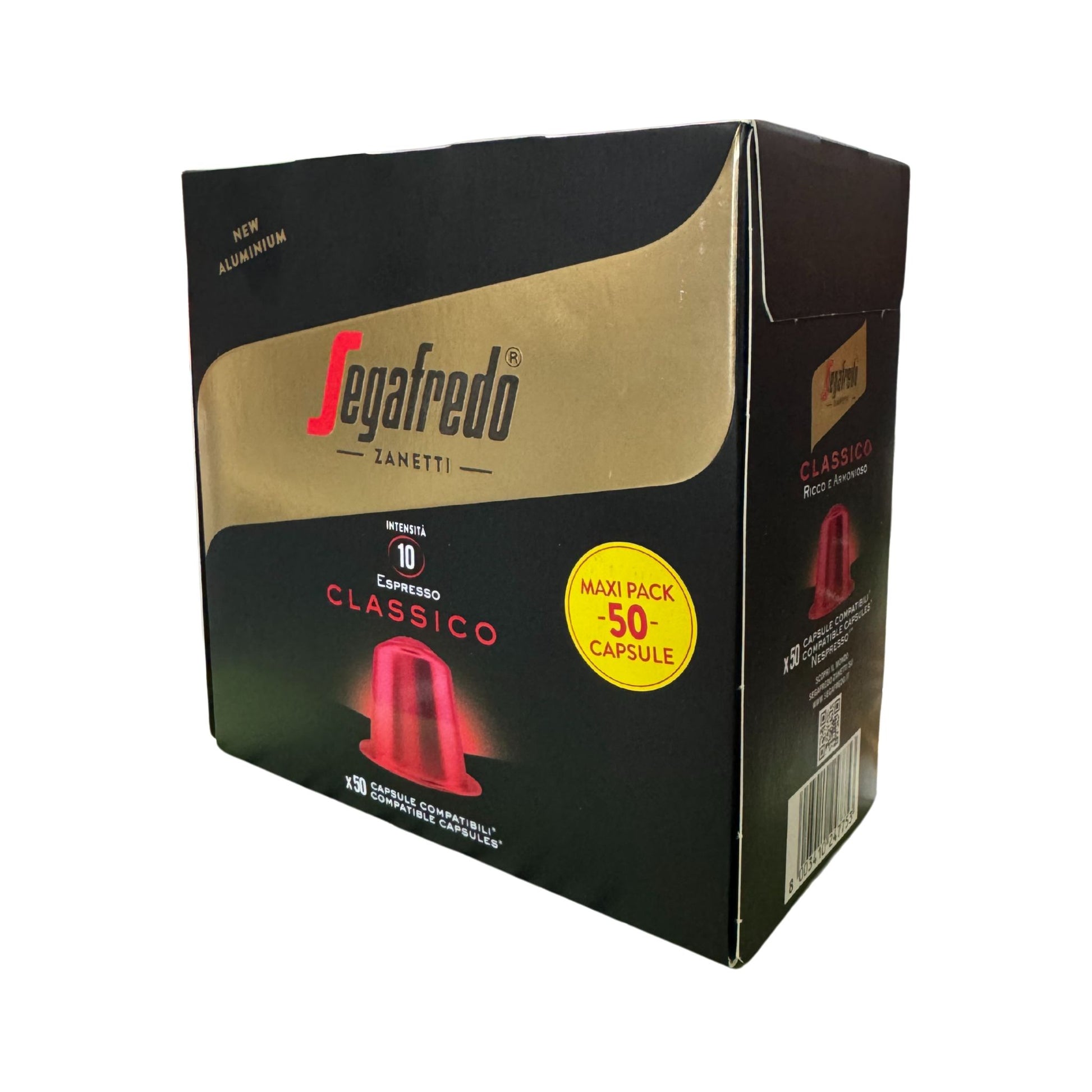 GardenState, Segafredo Espresso Classico 100% Arabica aluminum capsules, Nespresso compatible, 50-pack. Intensity 10 with honey and caramel notes. Suitable for offices, resellers, and daily espresso lovers.