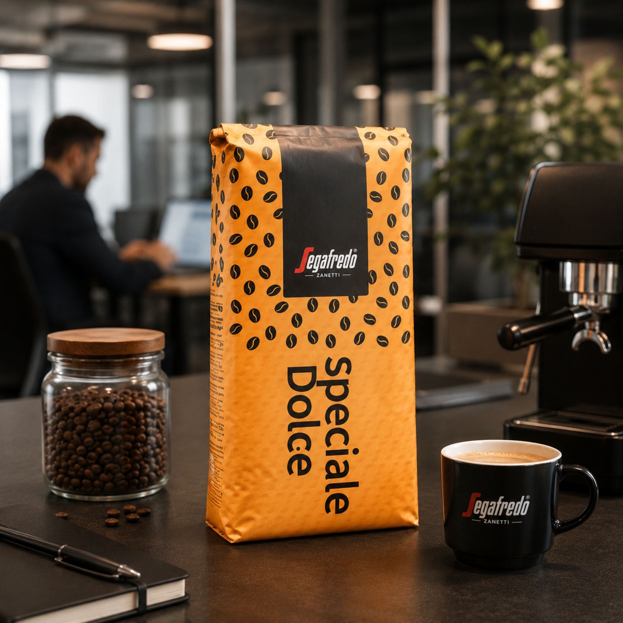 Segafredo Speciale Dolce whole coffee beans 1kg in modern office coffee corner with espresso machine. Premium Italian coffee for offices, workplaces, cafés, hotels and hospitality businesses in Singapore.