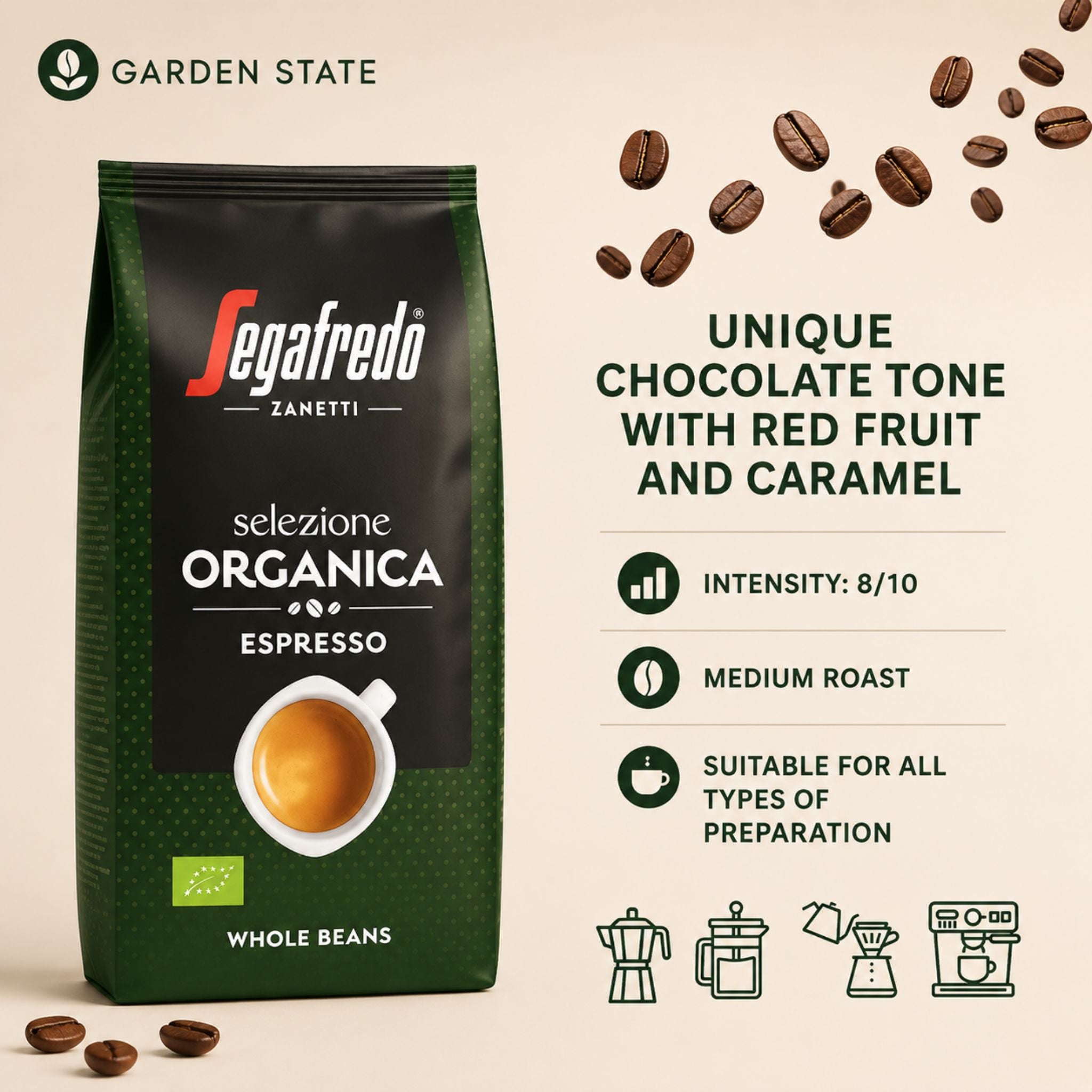 GardenState, Segafredo Organica Espresso Biologico (1KG) – Premium organic coffee beans from Peru, Mexico & Uganda. Medium roast (8/10 intensity) with rich chocolate, caramel, and nutty notes. Italian strong coffee for wholesale prices Singapore.