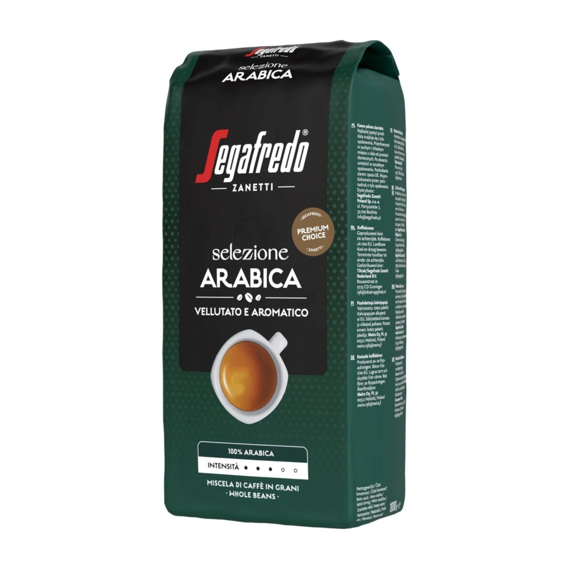Segafredo Selezione Arabica 1kg whole coffee beans – 100% Arabica, light-medium roast (6/10 intensity), velvety crema with floral, fruity, and cocoa notes. Roasted in Italy, ideal for all brew methods.