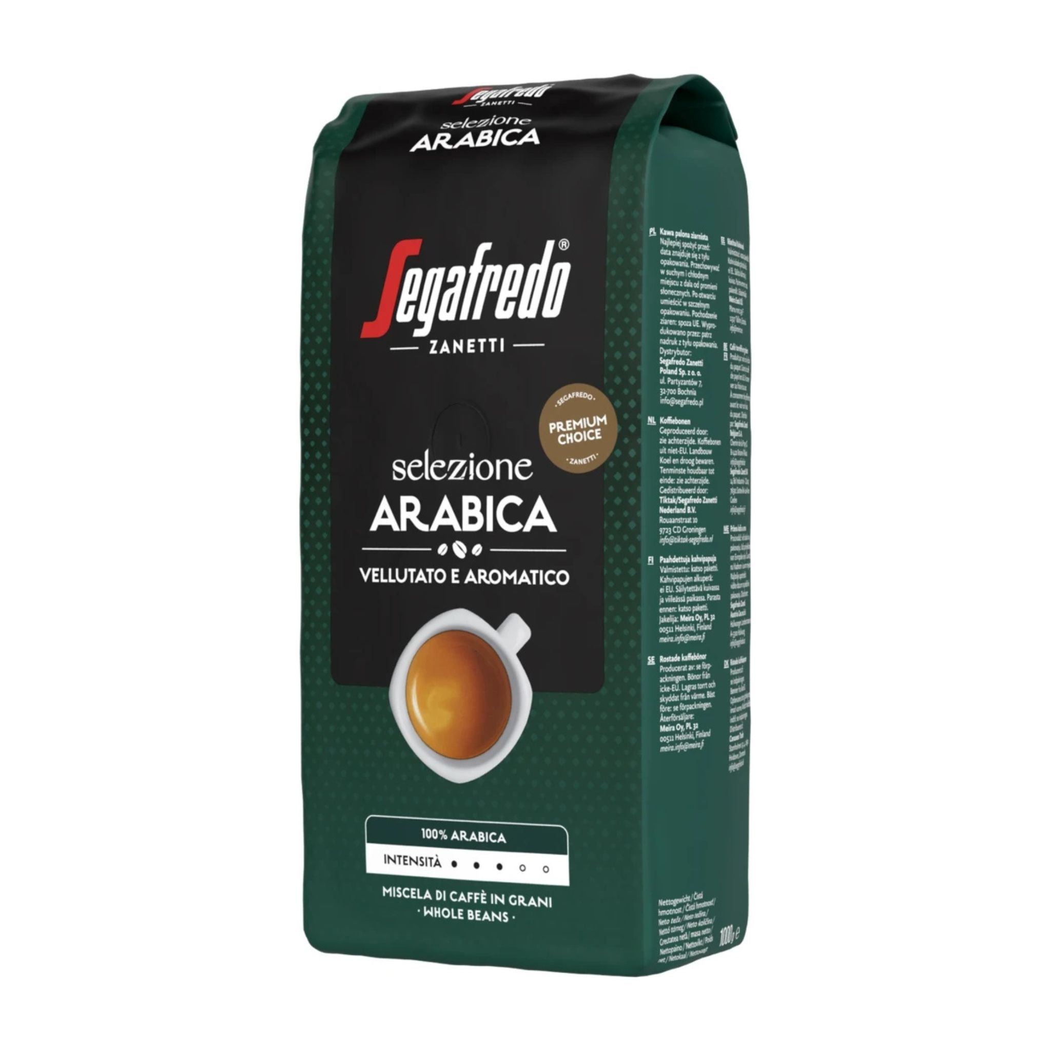 Segafredo Selezione Arabica 1kg whole coffee beans – 100% Arabica, light-medium roast (6/10 intensity), velvety crema with floral, fruity, and cocoa notes. Roasted in Italy, ideal for all brew methods.