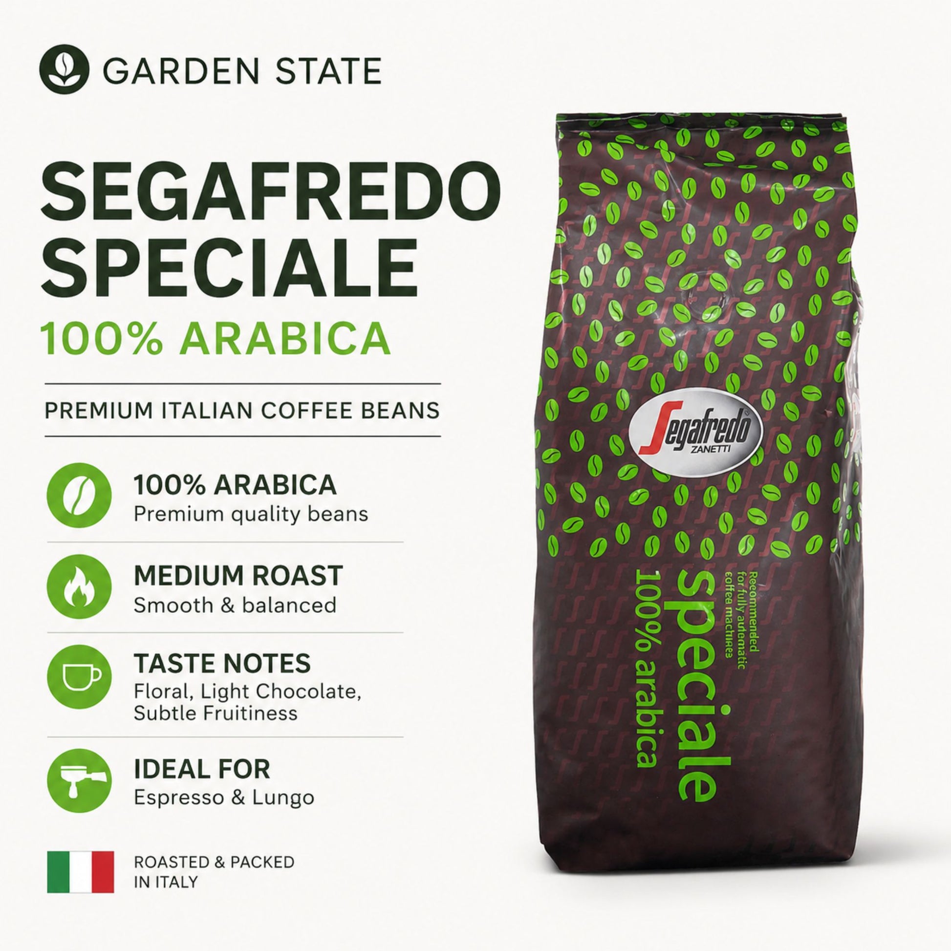 Segafredo Speciale 100% Arabica whole coffee beans in 1kg bag. Medium roast Italian coffee with floral aromas, light chocolate notes, subtle fruitiness, and a smooth balanced finish.