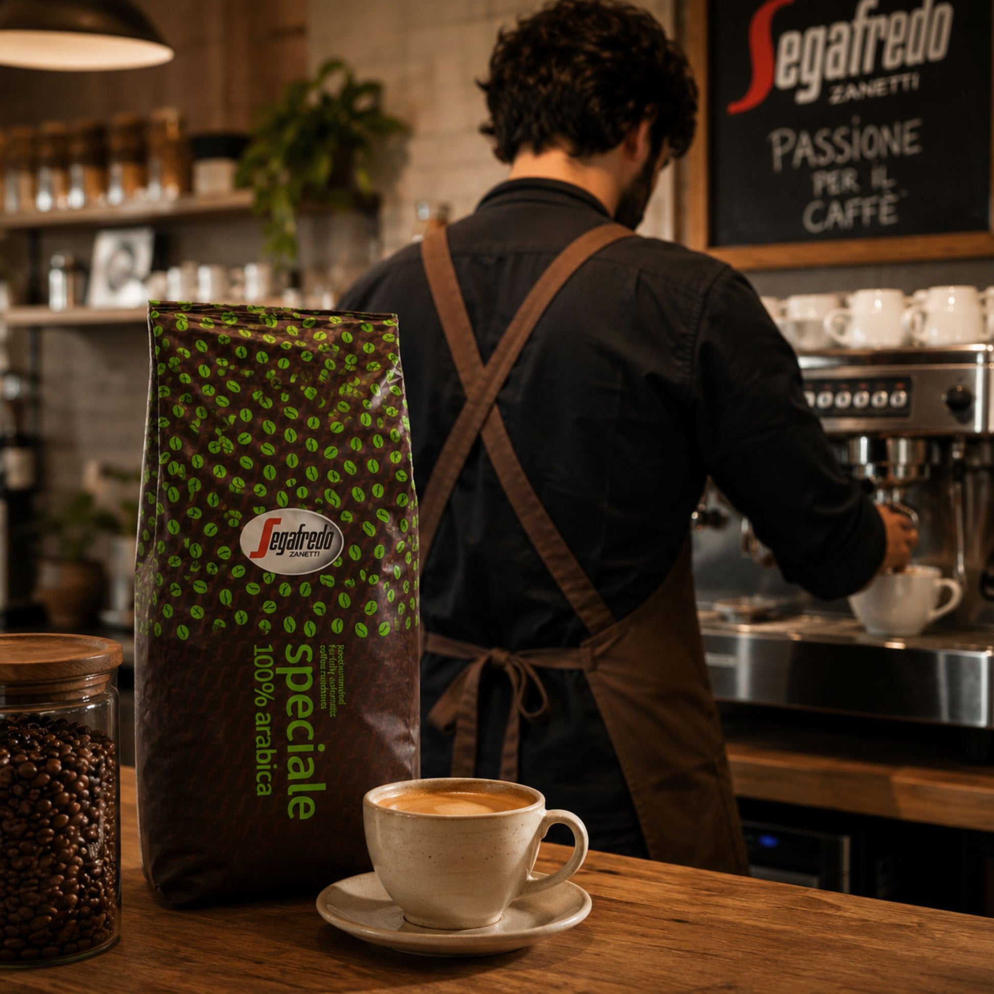 Segafredo Speciale 100% Arabica whole coffee beans in 1kg bag. Medium roast Italian coffee with floral aromas, light chocolate notes, subtle fruitiness, and a smooth balanced finish.