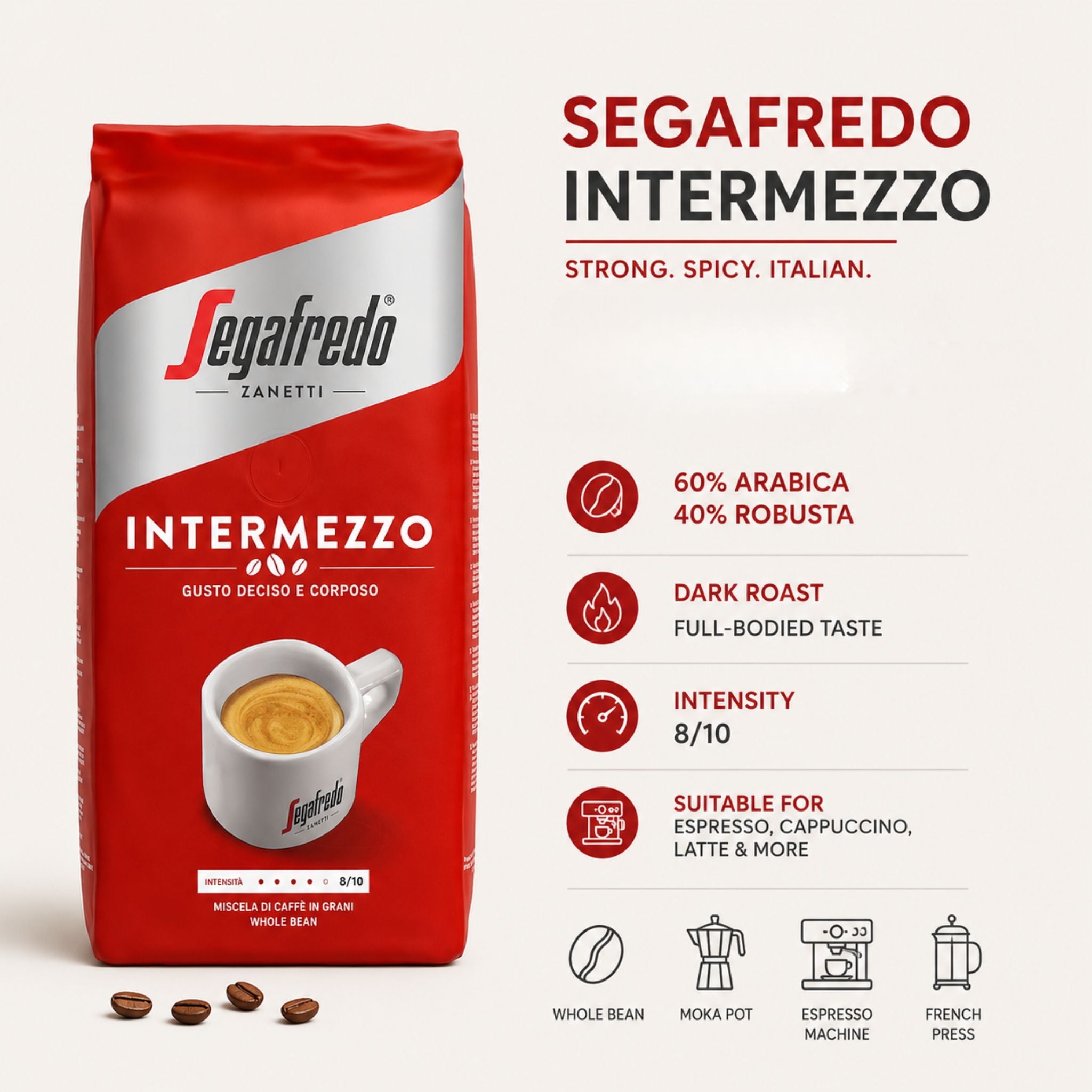 Segafredo Intermezzo Whole Coffee Beans (1kg) – A bold Italian blend of 60% Arabica and 40% Robusta.