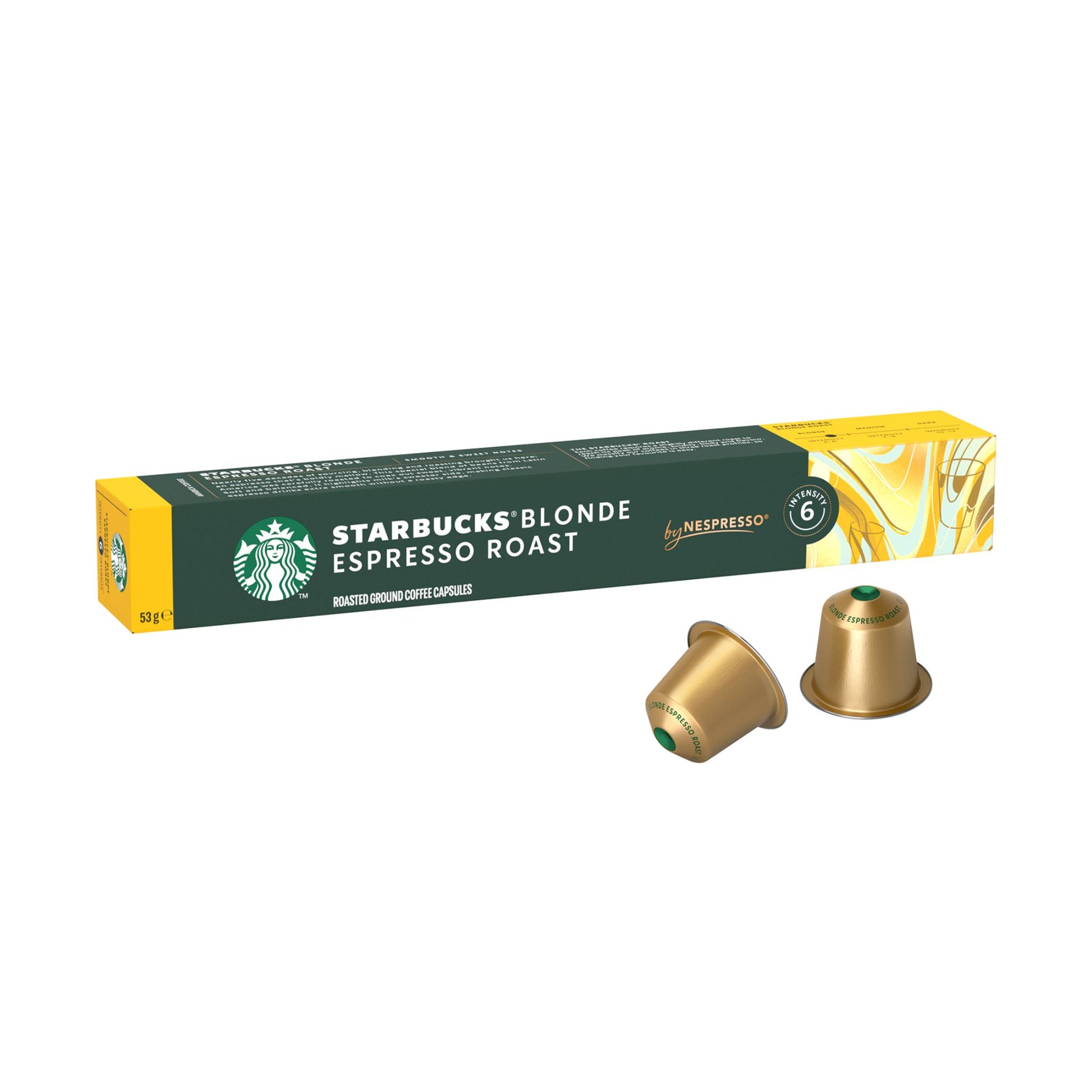 GardenState, Starbucks® Blonde Espresso Roast by Nespresso® – 10 coffee capsules with a medium roast, smooth and sweet notes, and intensity 6/13. Made with Latin American beans. Compatible with Nespresso® Original Line machines