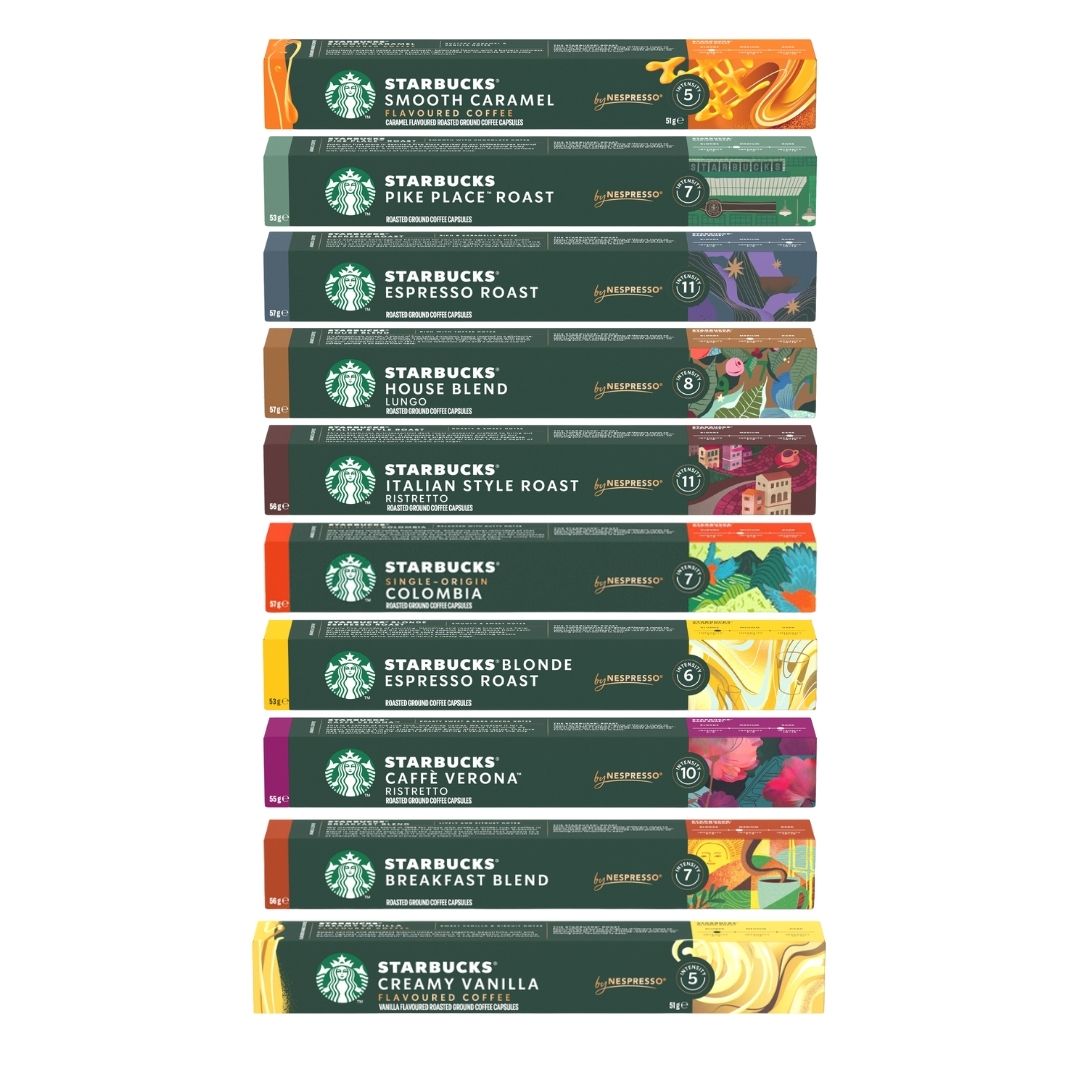 gardenstate Starbucks Nespresso Original Compatible Coffee Capsules pack of 10x – 10 variants. 100% Arabica beans with various roast levels and intensities, delivering premium café-quality coffee for offices and retail.