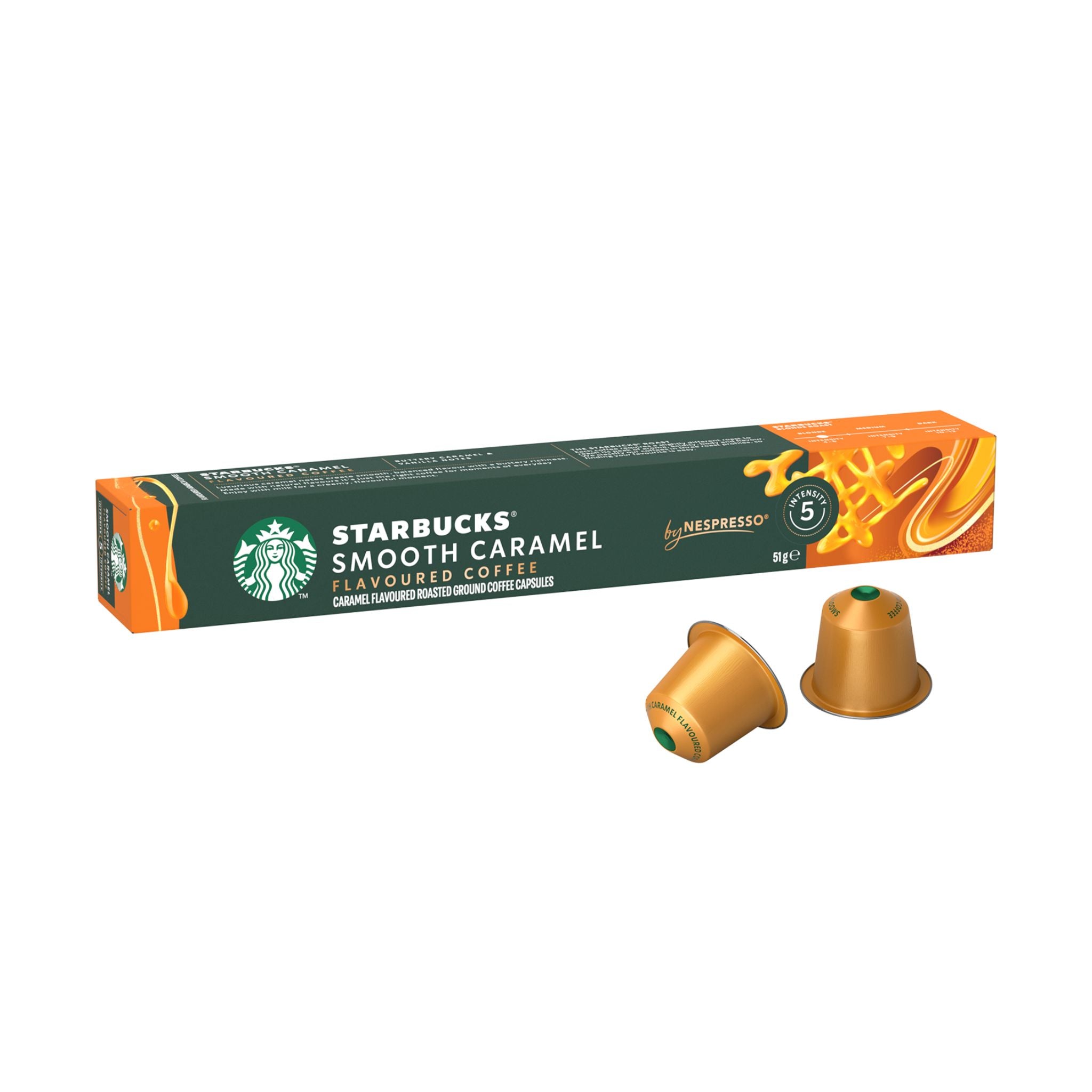 GardenState, Starbucks® Smooth Caramel by Nespresso® – 10 coffee capsules with a blonde roast, buttery caramel and vanilla notes, and intensity 5/13. Made with 100% Arabica beans. Compatible with Nespresso® Original Line machines.