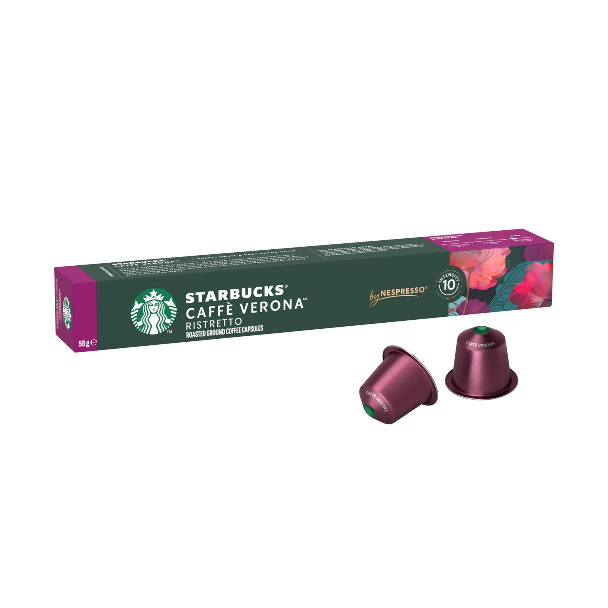 GardenState, Starbucks® Caffè Verona by Nespresso® – 10 coffee capsules with a dark roast, roasty sweetness, and dark cocoa notes. Intensity 10/13. Made with 100% Arabica beans. Compatible with Nespresso® Original Line machines.