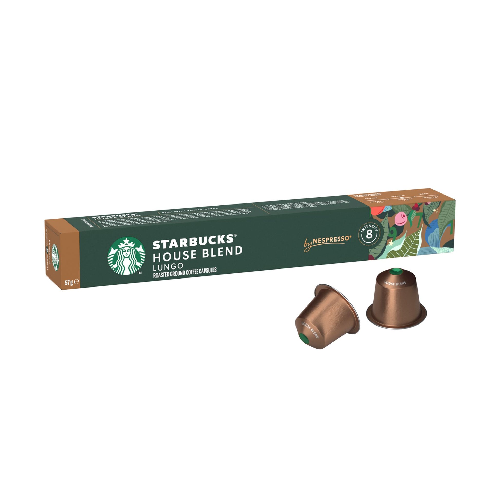 GardenState, Starbucks® House Blend Lungo by Nespresso® – 10 coffee capsules with a medium roast, nut and cocoa notes, and intensity 8/13. Made from Latin American beans. Compatible with Nespresso® Original Line machines.