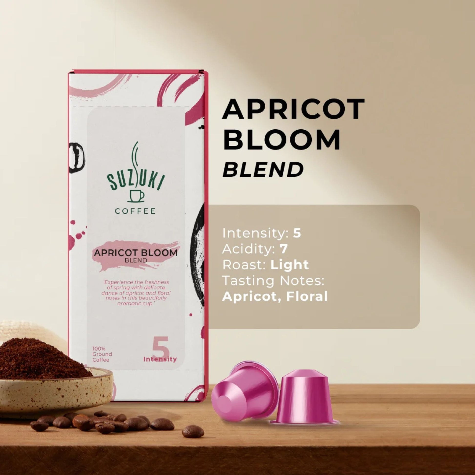 GardenState, Suzuki Coffee Apricot Bloom. Light roast Nespresso-compatible capsules with bright acidity and aromatic notes of apricot and floral undertones. 100% Arabica. Intensity 5/12. A spring-fresh brew.
