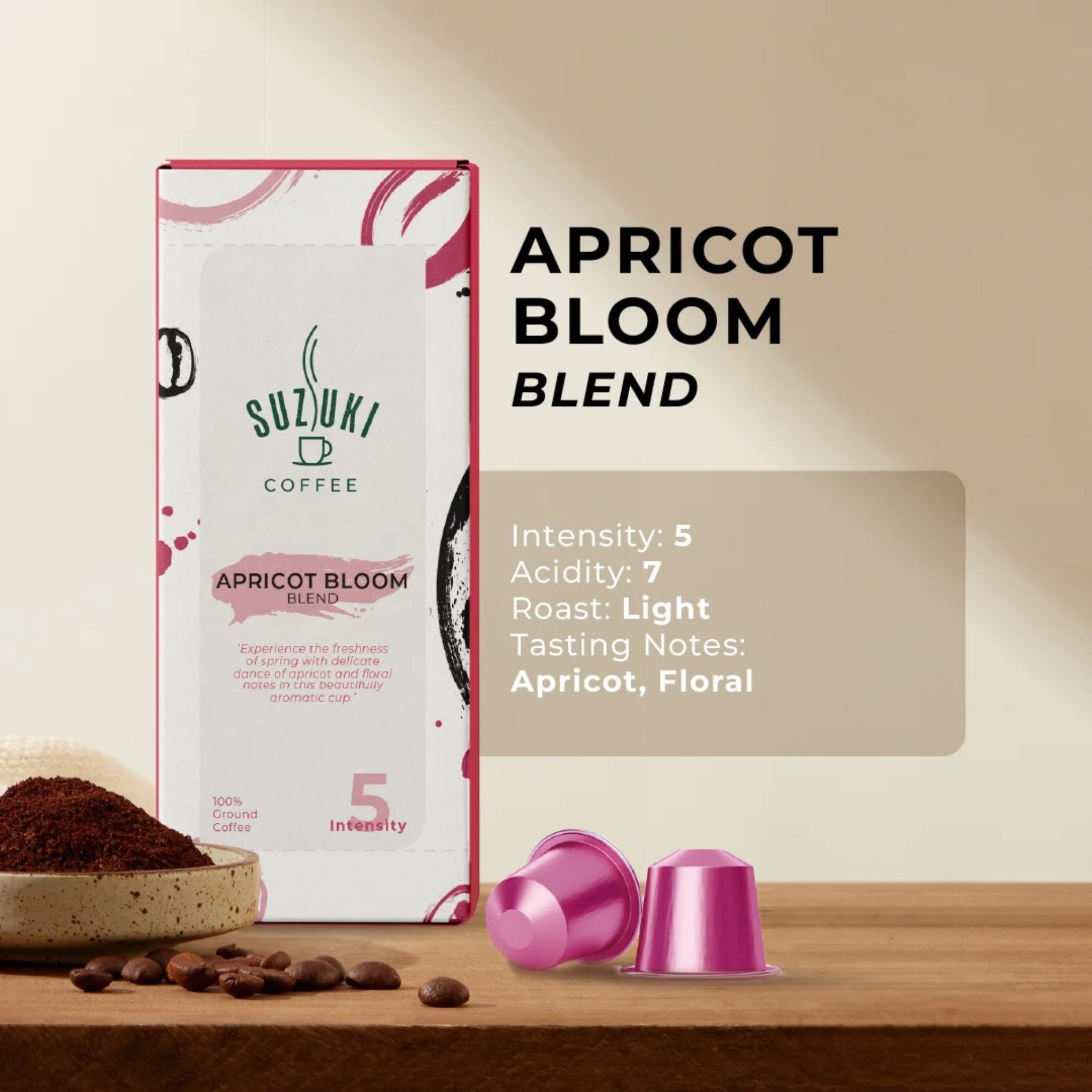 GardenState, Suzuki Coffee Apricot Bloom. Light roast Nespresso-compatible capsules with bright acidity and aromatic notes of apricot and floral undertones. 100% Arabica. Intensity 5/12. A spring-fresh brew.