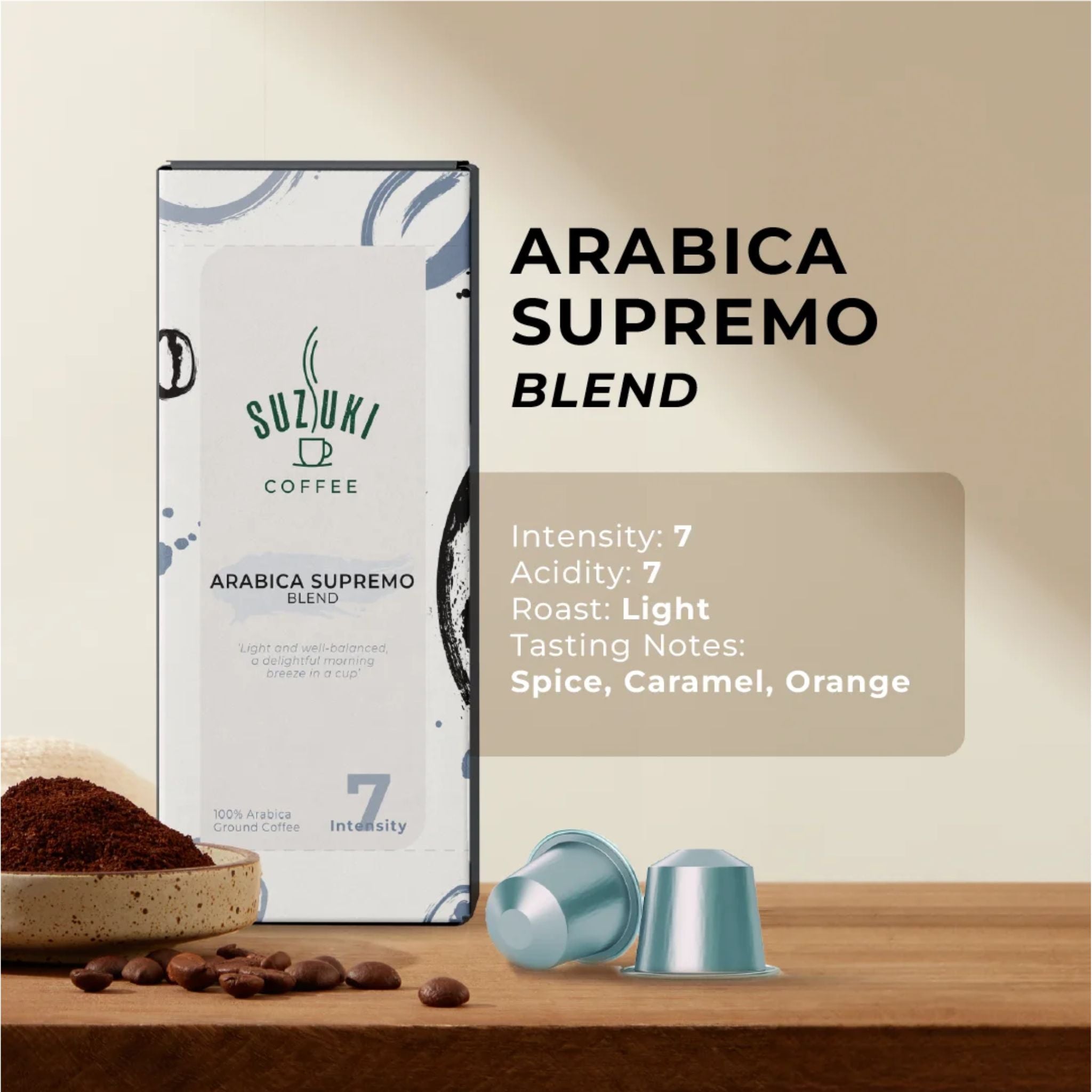 GardenState, Suzuki Coffee Arabica Supremo. Light roast 100% Arabica capsules with bright acidity, hints of spice, caramel, and orange. Nespresso compatible. Intensity 7. A smooth and balanced blend.
