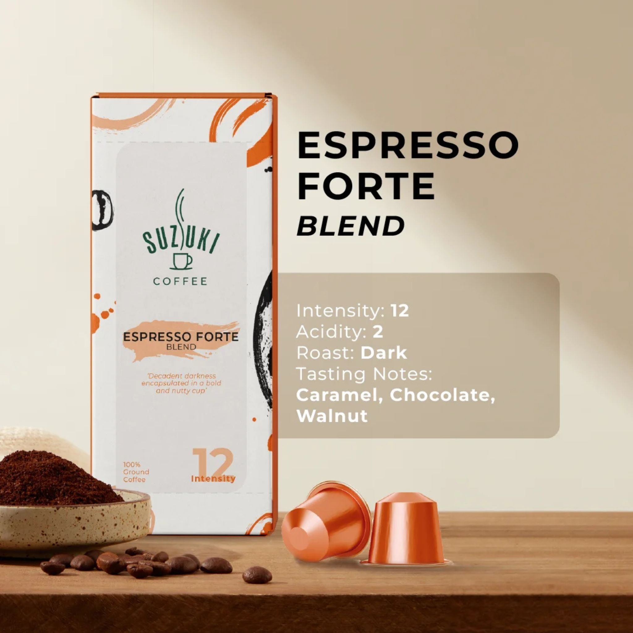 GardenState, Suzuki Coffee Espresso Forte. Dark roast 100% Arabica Nespresso-compatible coffee capsules with bold notes of caramel, chocolate, and walnut. Intensity 12. Rich café-style espresso at home.