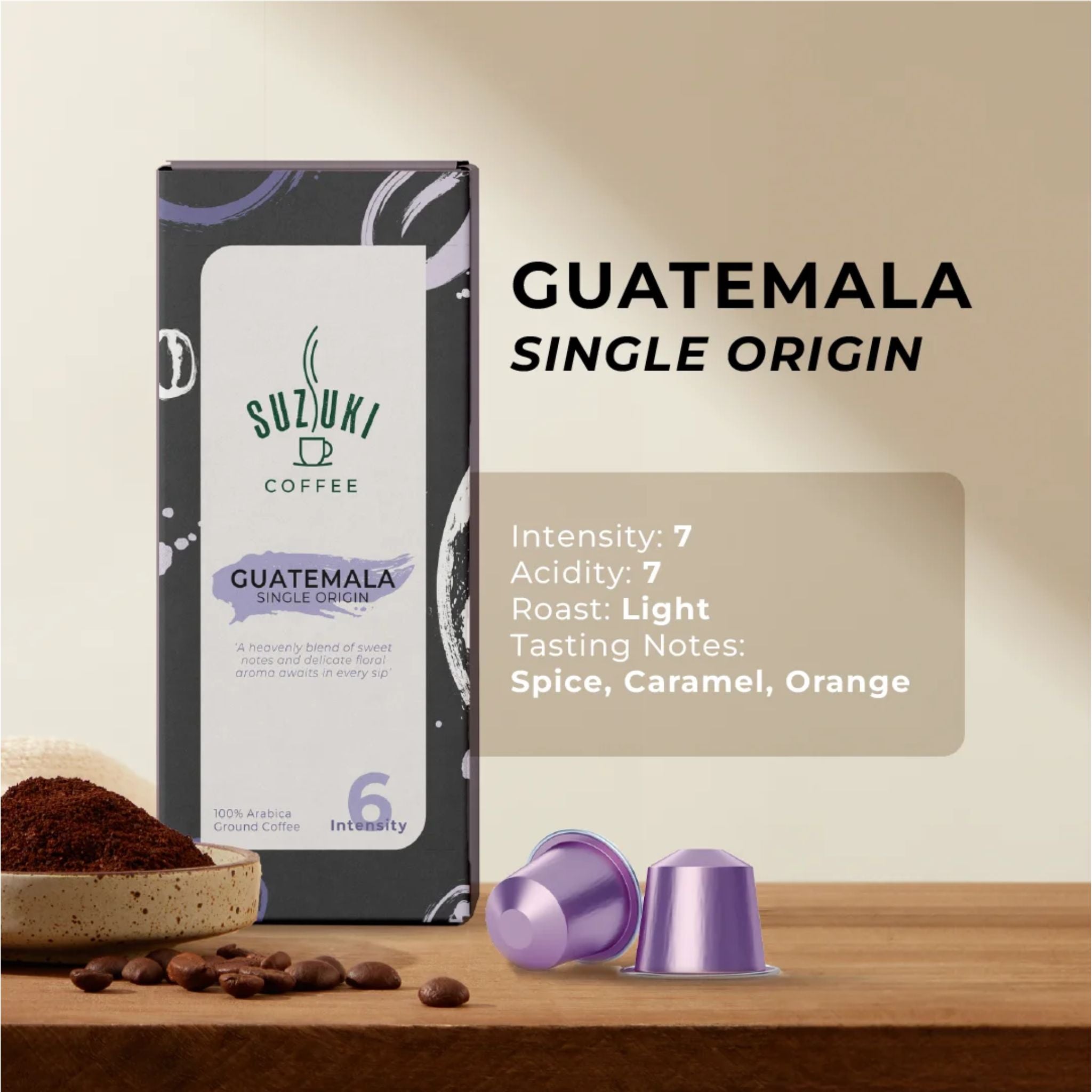 GardenState, Suzuki Coffee Guatemala
Light roast Nespresso-compatible capsules with honey and orange notes. 100% Arabica. Intensity 6/12. A sweet and floral coffee with a refined finish.
