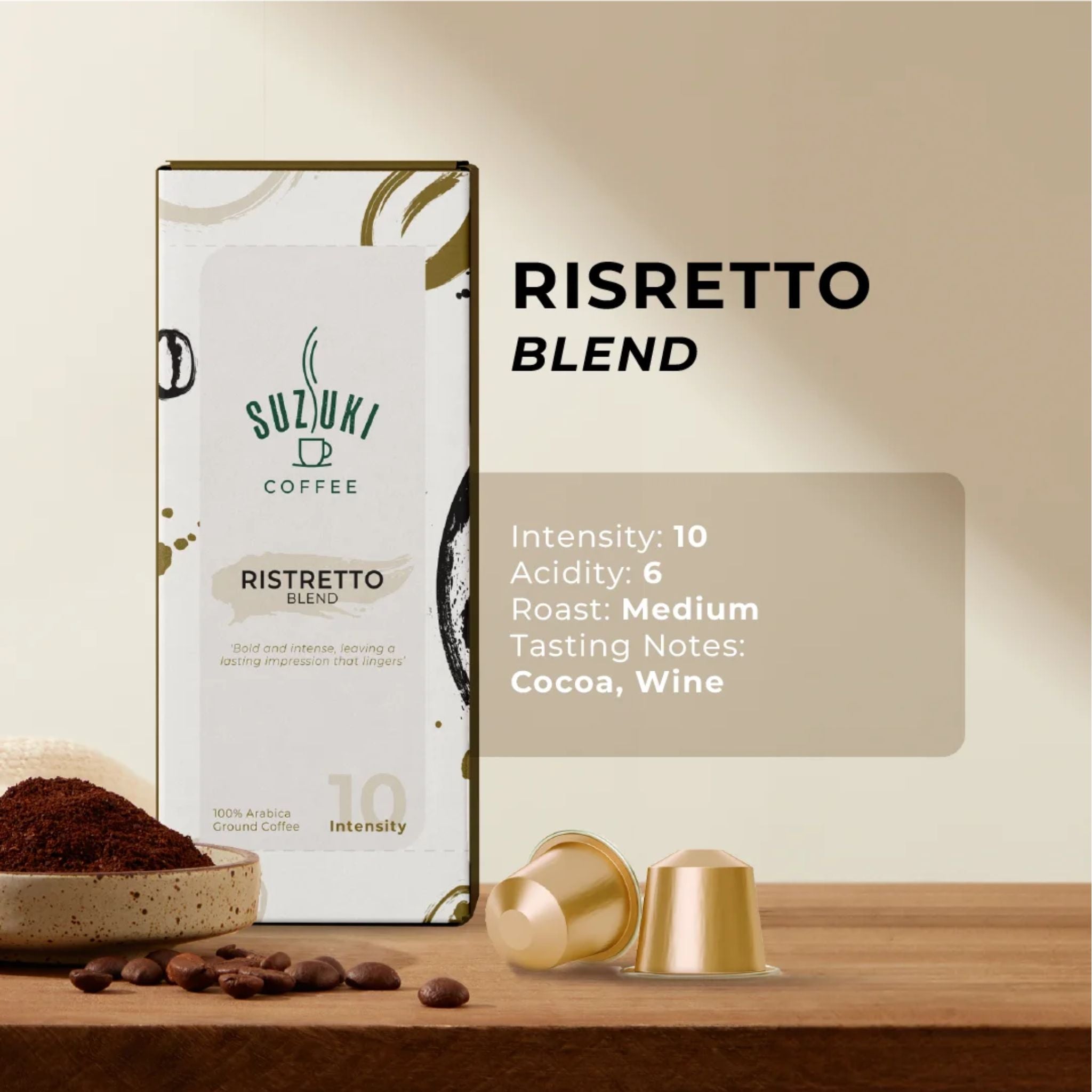 GardenState, Suzuki Ristretto. Medium roast 100% Arabica Nespresso-compatible capsules with deep cocoa and wine notes. Intensity 10. A bold, balanced ristretto for intense coffee lovers.