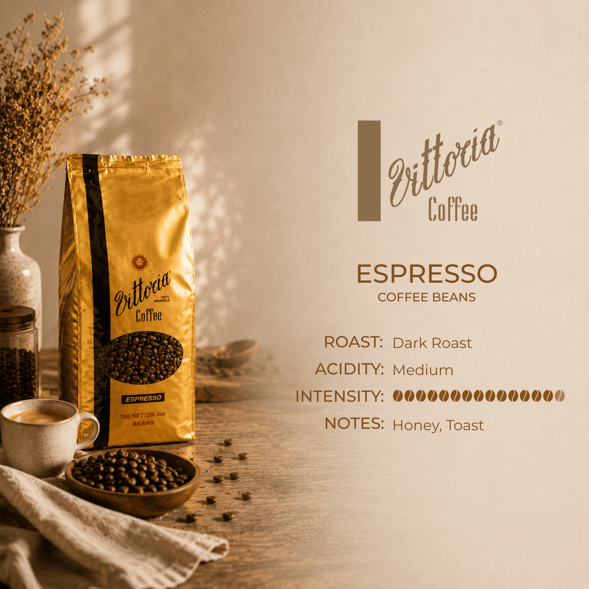 Vittoria Coffee Espresso Whole Beans 1kg product information, Dark Roast, Intensity 14/15, 100% Arabica with honey and toast tasting notes