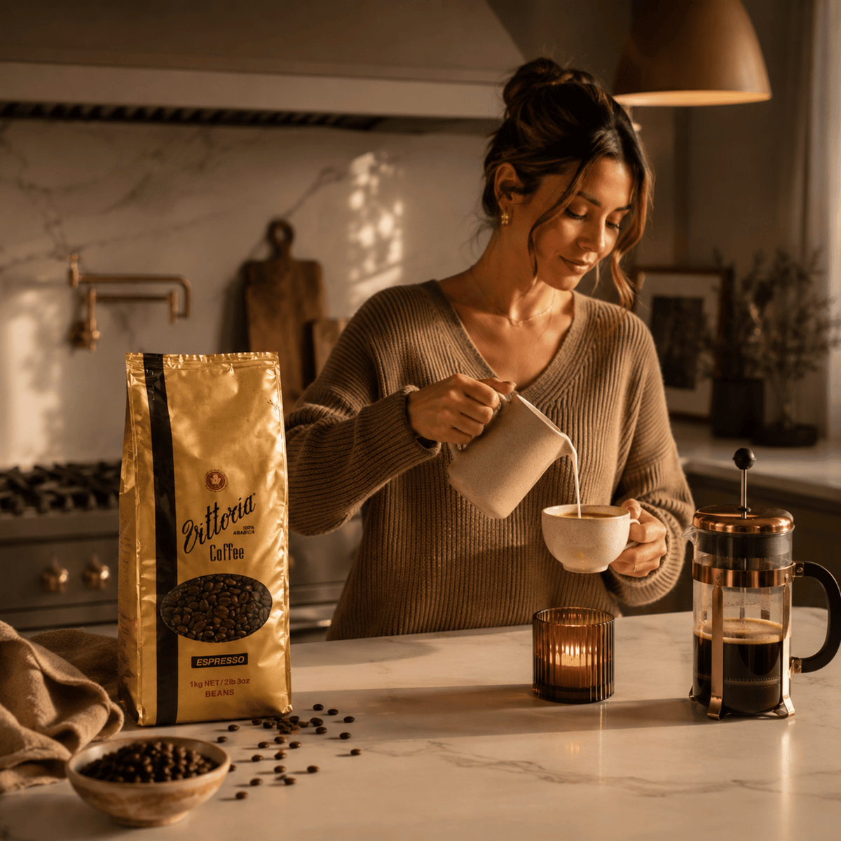Vittoria Espresso Whole Coffee Beans being freshly prepared for rich Italian style espresso, dark roast 14/15 intensity, ideal for cafés, offices and home coffee