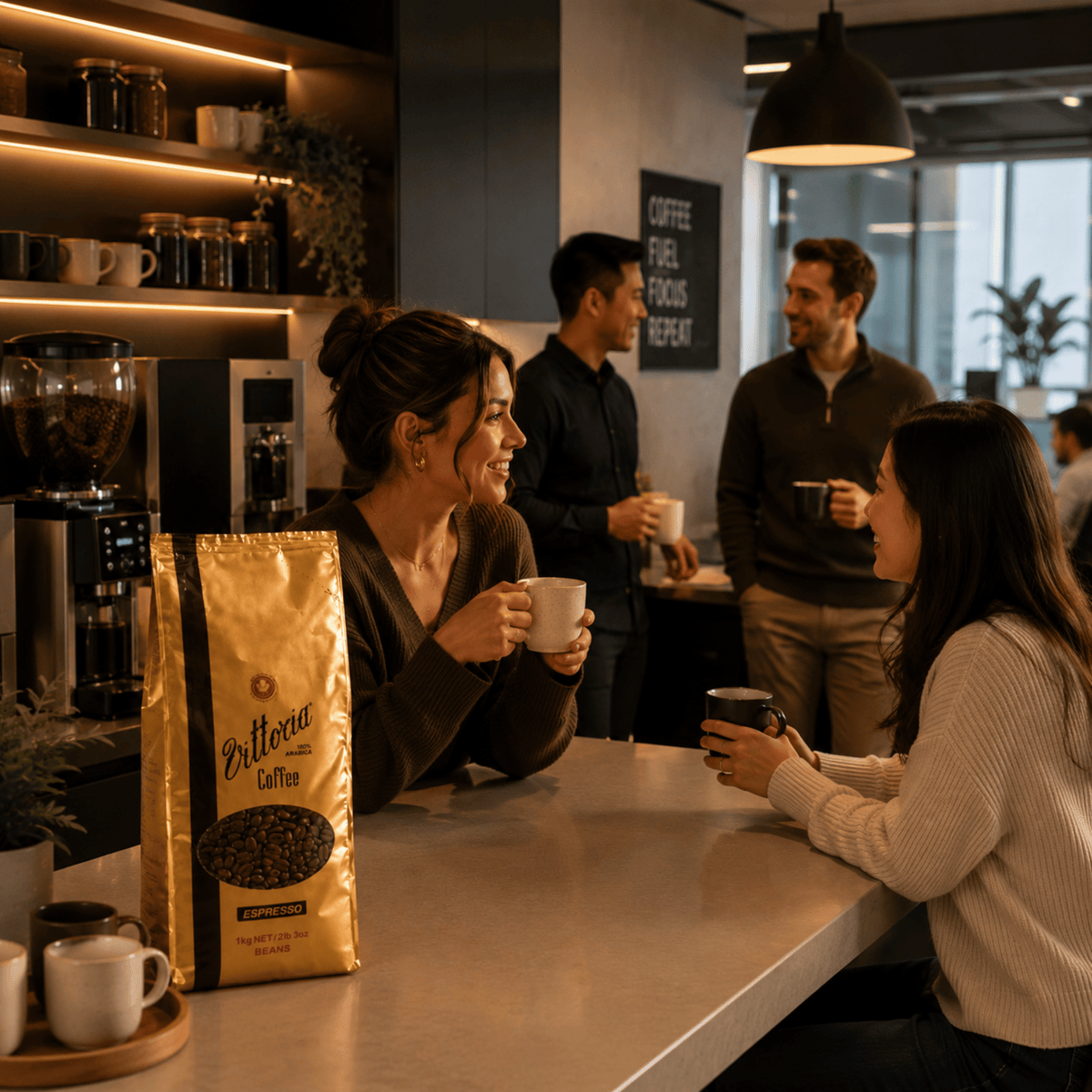 Vittoria Coffee Espresso served as a rich Italian style coffee, made from 1kg dark roast whole beans, ideal for espresso, Americano, cappuccino and latte