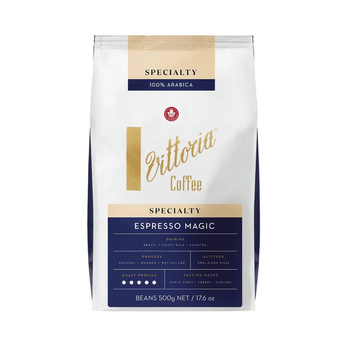 Vittoria Coffee Espresso Magic Specialty Whole Coffee Beans 500g, Dark Roast, Intensity 14/15, premium coffee beans for cafés, offices and home baristas