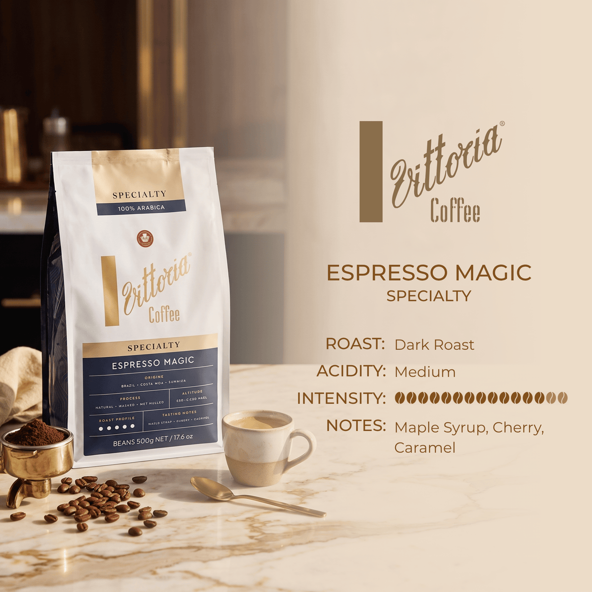 Vittoria Coffee Espresso Magic product information, 500g specialty whole coffee beans, Dark Roast, Intensity 14/15, rich and full-bodied coffee profile
