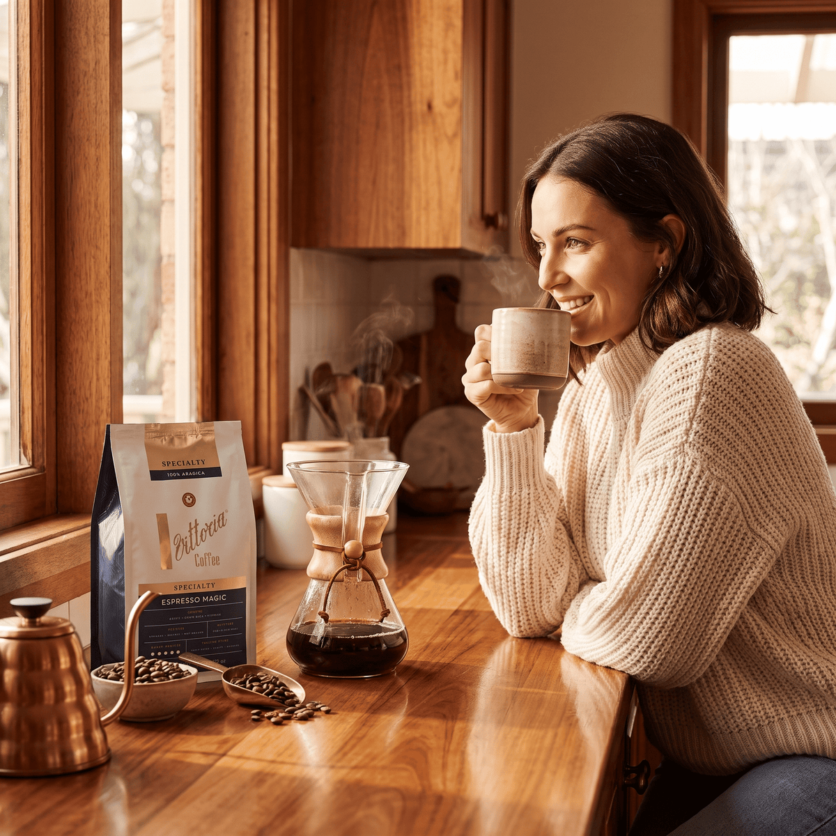 Vittoria Espresso Magic dark roast coffee served as freshly brewed espresso, bold and full-bodied coffee with 14/15 intensity, ideal for home baristas and cafés