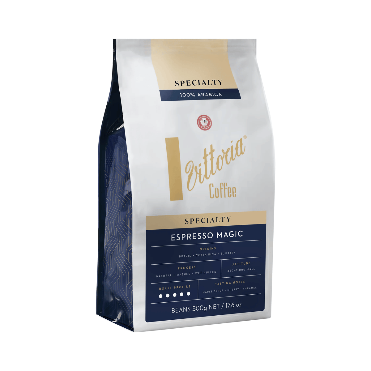 Vittoria Espresso Magic Specialty Whole Coffee Beans 500g side view, Dark Roast and 14/15 Intensity, bold whole coffee beans for freshly ground espresso