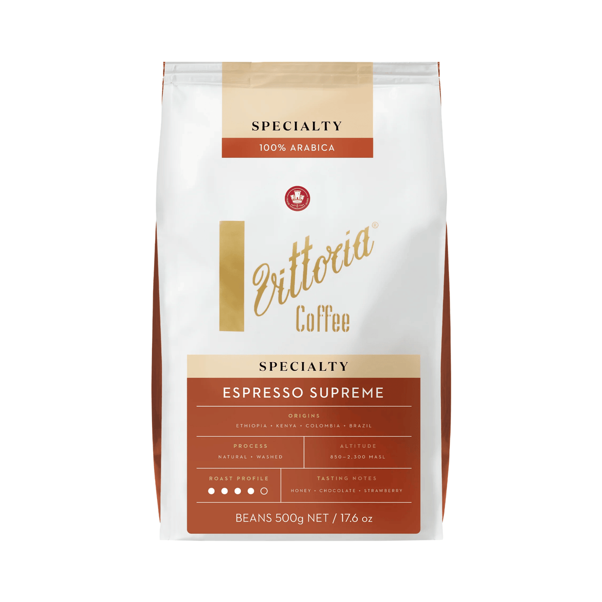 Vittoria Coffee Espresso Supreme Specialty Whole Coffee Beans 500g, Medium Roast, Intensity 10/15, premium specialty coffee beans for cafés, offices and home baristas