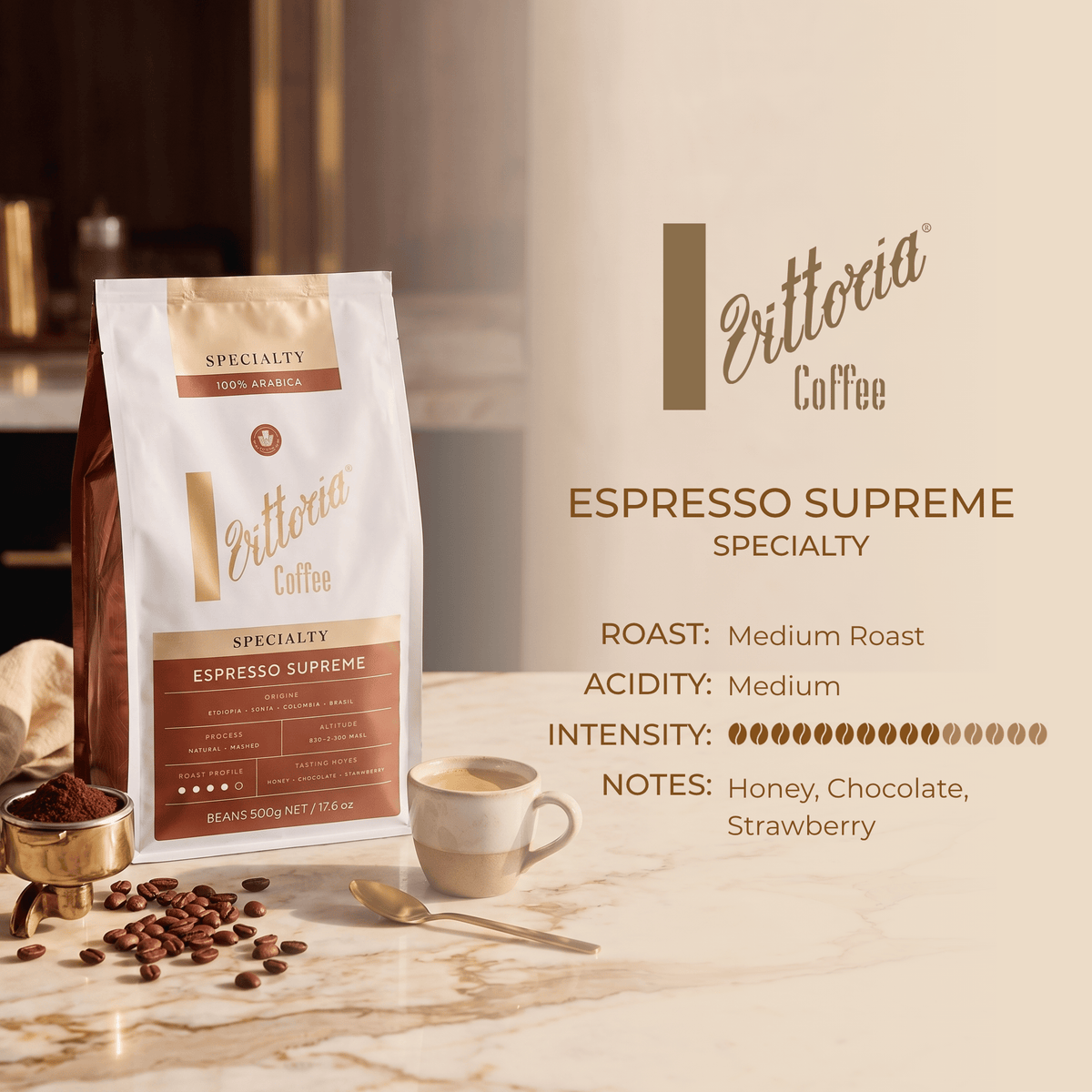 Vittoria Coffee Espresso Supreme product information, 500g specialty whole coffee beans, Medium Roast, Intensity 10/15, smooth and balanced coffee profile