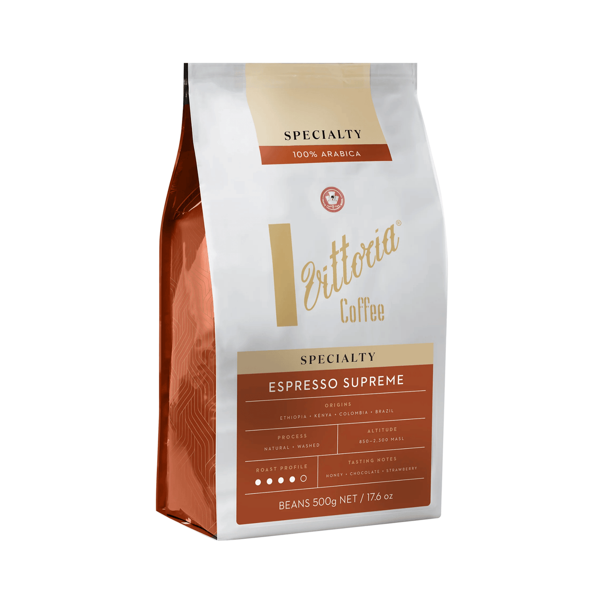 Vittoria Espresso Supreme Specialty Whole Coffee Beans 500g side view, Medium Roast and 10/15 Intensity, premium whole beans for freshly ground espresso coffee