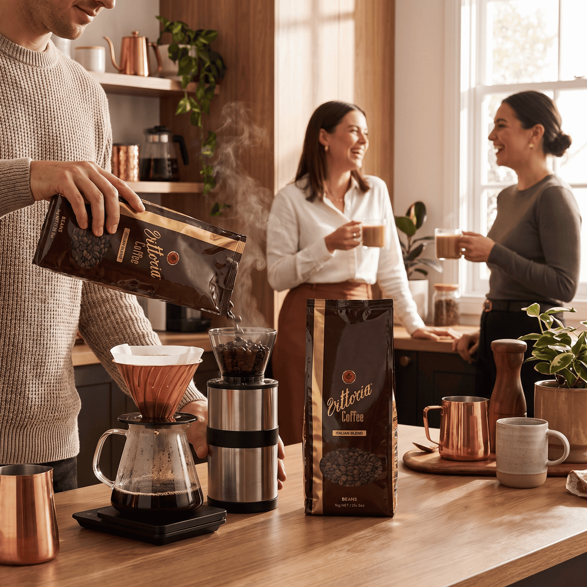 Vittoria Italian Blend coffee served as a smooth Italian style espresso, made from medium roast whole beans, ideal for Americano, cappuccino and latte drinks