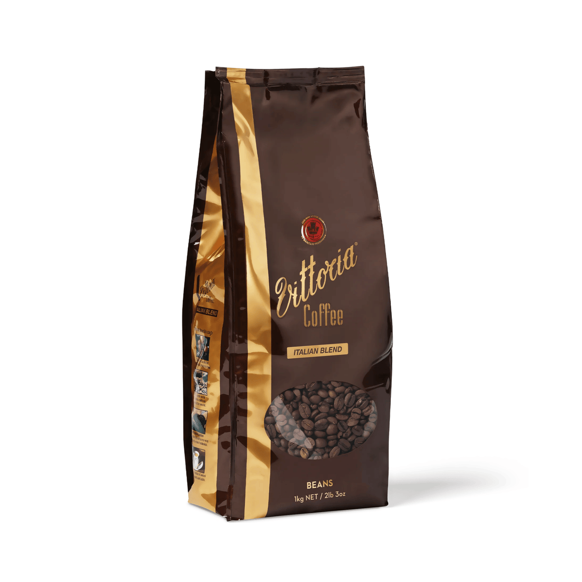 Vittoria Italian Blend Coffee Beans 1kg side view, Medium Roast and 11/15 Intensity, 100% Arabica whole coffee beans for fresh grinding and brewing