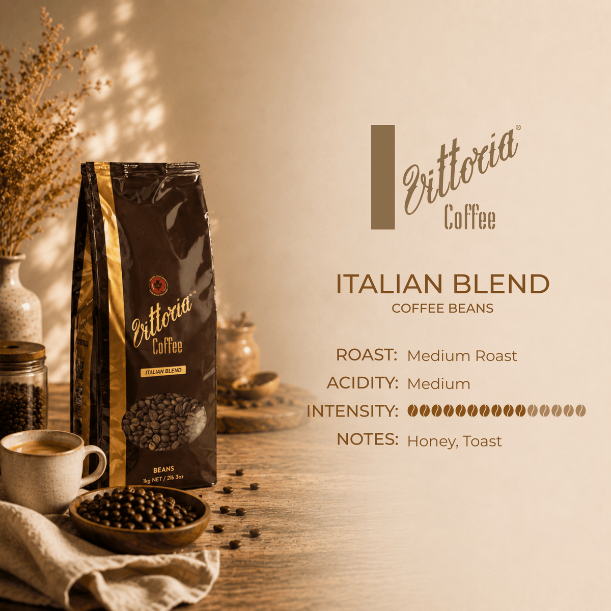 Vittoria Coffee Italian Blend Whole Beans product information, 1kg pack, Medium Roast, Intensity 11/15, 100% Arabica beans from Central and South America