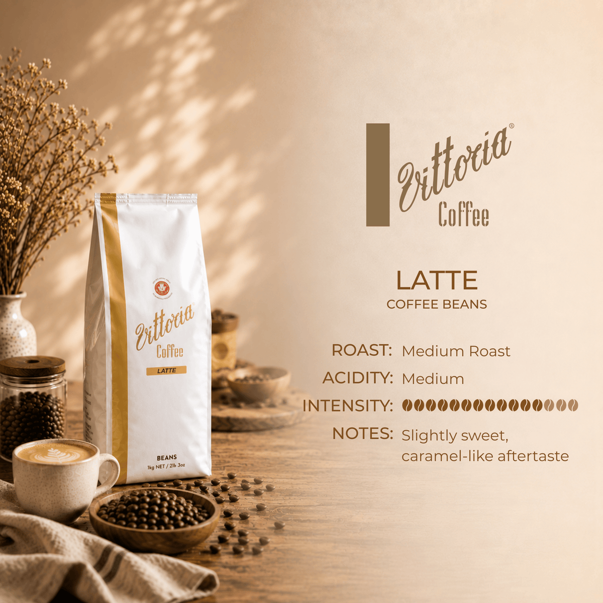 Vittoria Coffee Latte Whole Coffee Beans product information, 1kg pack, 100% Arabica from Central and South America, Intensity 12/15 and medium-dark roast