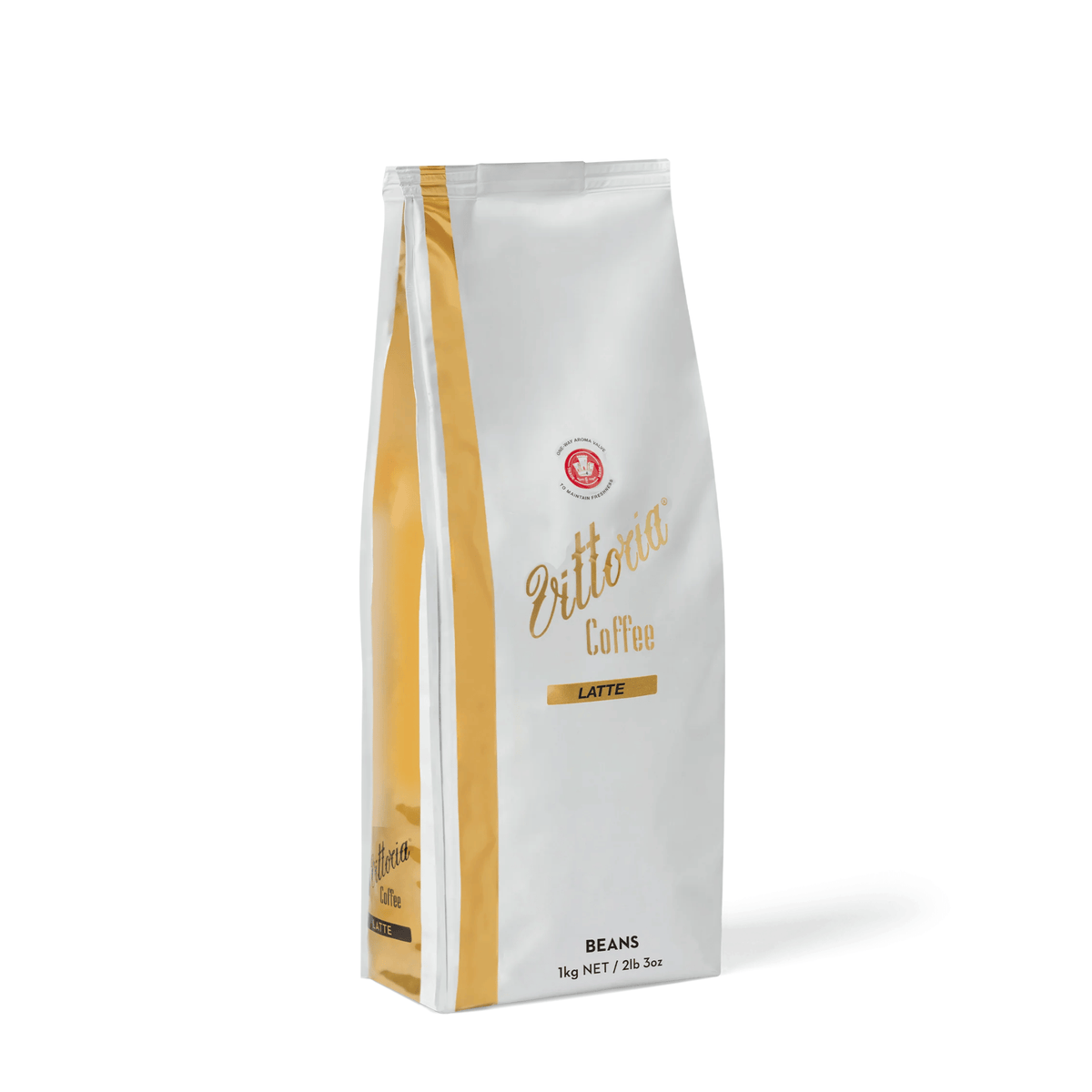 Vittoria Coffee Latte Whole Coffee Beans 1kg side view, Medium-Dark Roast and 12/15 intensity, whole coffee beans with smooth caramel-like sweetness