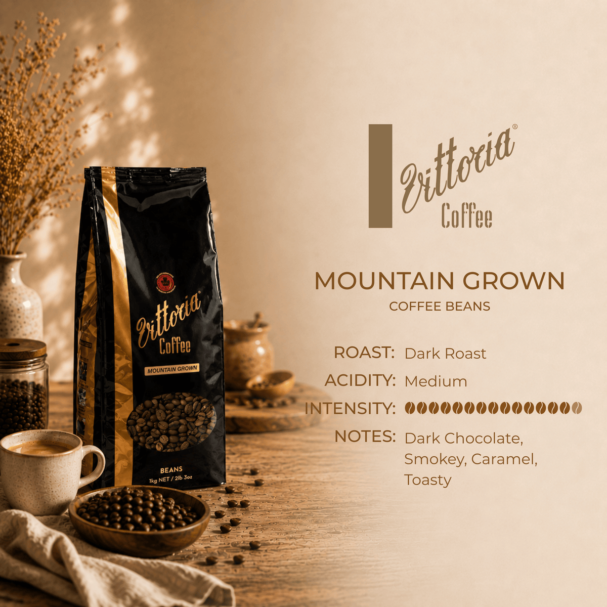 Vittoria Coffee Mountain Whole Coffee Beans product information, 1kg pack, Dark Roast, Intensity 14/15, rich and full flavoured coffee for everyday brewing