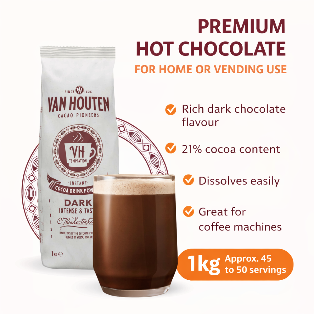GardenState coffee wholesale,Van Houten Dark Chocolate Drink Powder 1kg 21 percent cocoa, instant hot chocolate for HoReCa, café and commercial use Singapore.