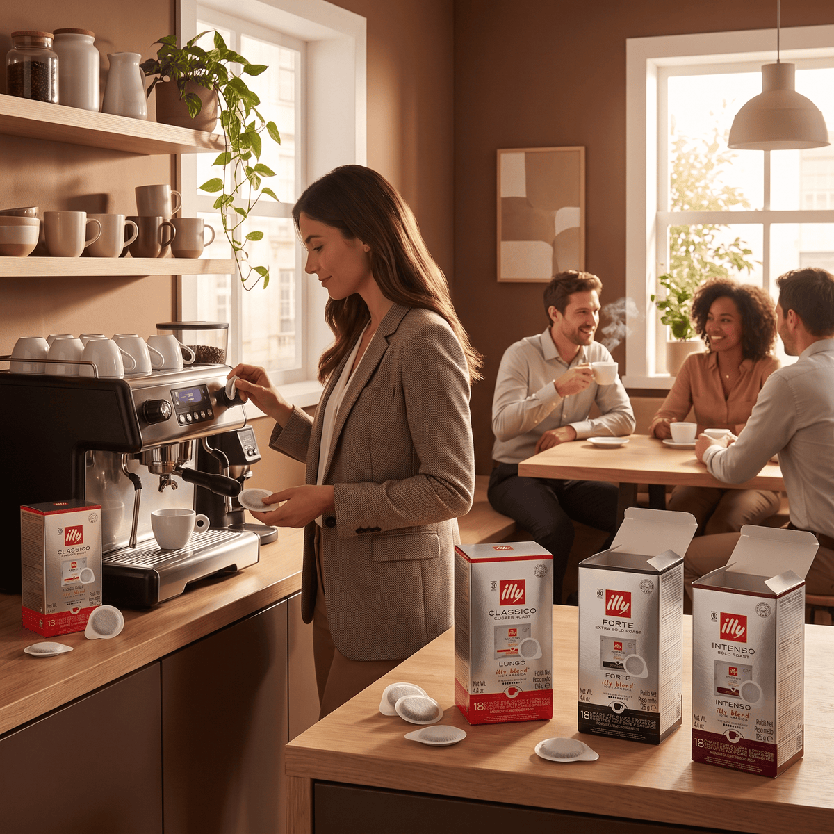 Person preparing Italian espresso at home using illy E.S.E. coffee pods for an E.S.E. coffee machine
