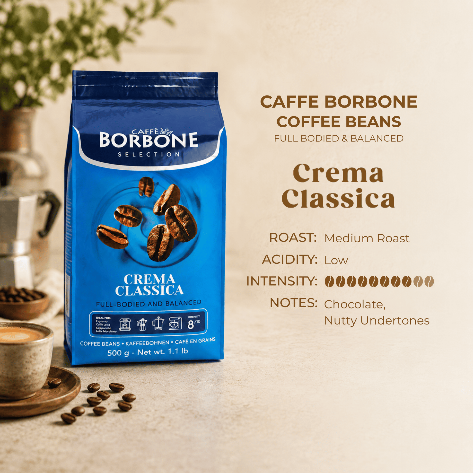 Caffe Borbone Crema Classica Whole Coffee Beans 500g product information showing Medium Roast, 8/10 Intensity, full bodied profile and Italian coffee specifications for professional and home brewing