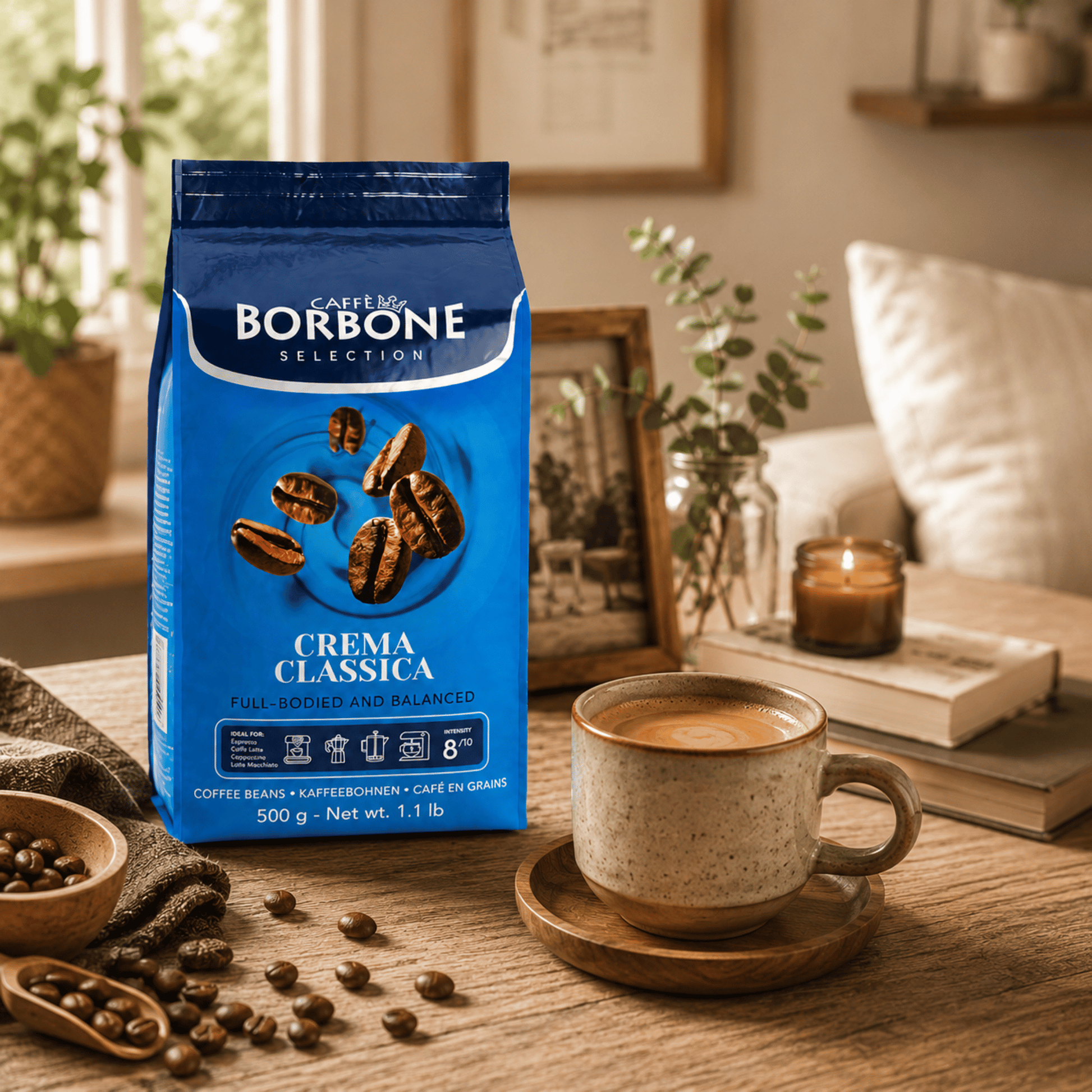 Close up of Caffe Borbone Crema Classica Whole Coffee Beans 500g, medium roast Italian espresso beans with rich aroma and full bodied flavour, ideal for freshly ground coffee and commercial coffee machines