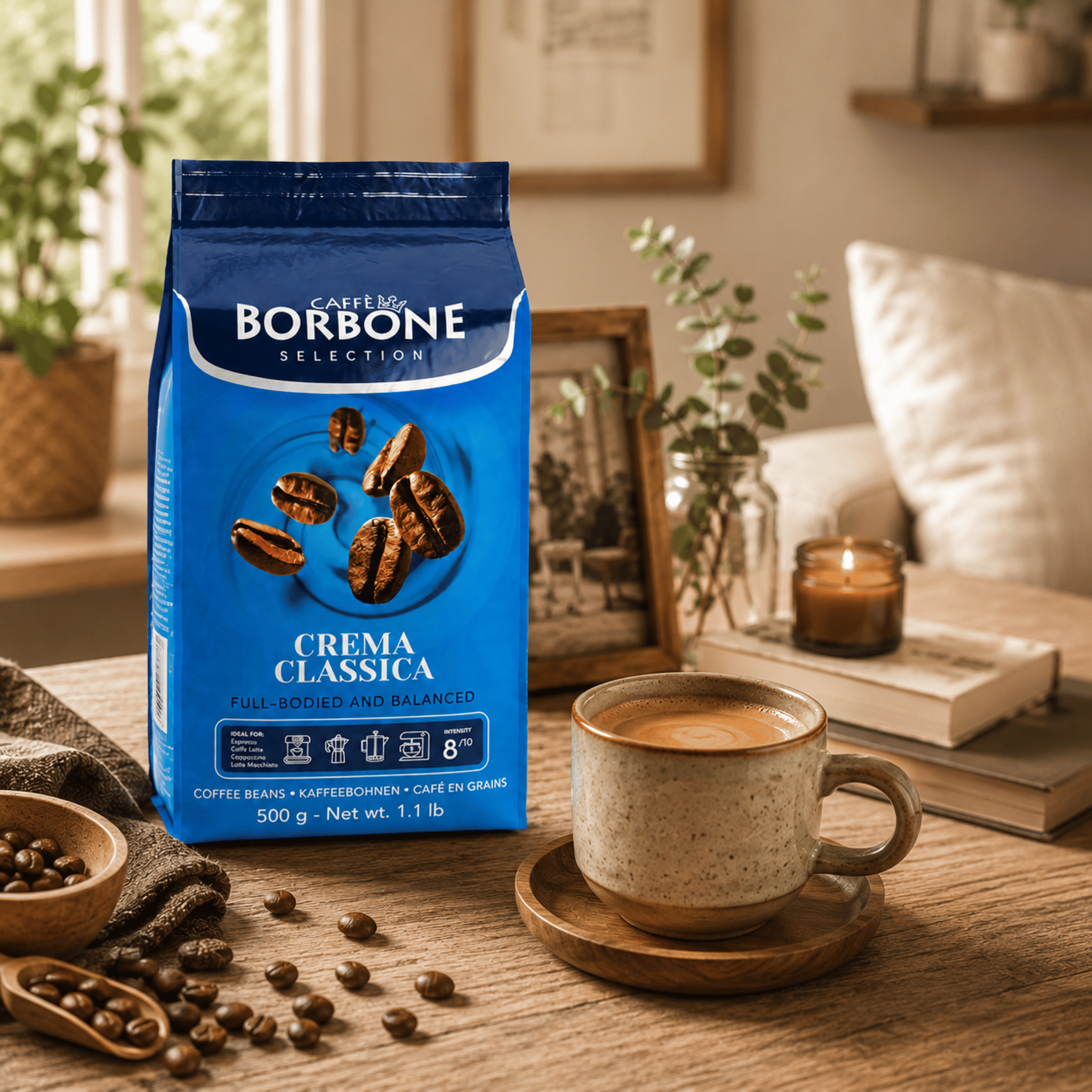 Close up of Caffe Borbone Crema Classica Whole Coffee Beans 500g, medium roast Italian espresso beans with rich aroma and full bodied flavour, ideal for freshly ground coffee and commercial coffee machines