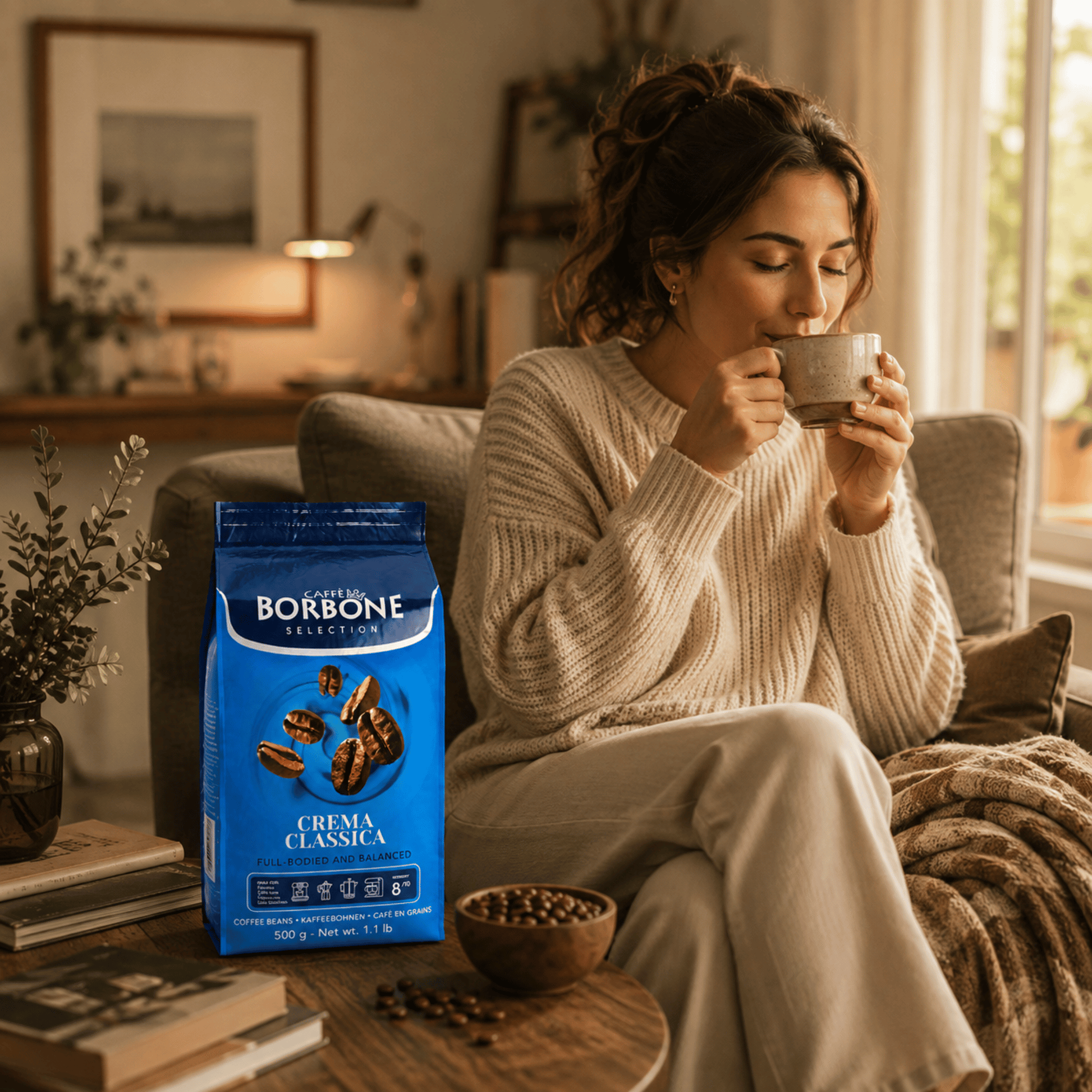 Person enjoying freshly brewed Caffe Borbone Crema Classica Italian espresso coffee, medium roast 8/10 intensity whole beans for home coffee machines, espresso, cappuccino and latte