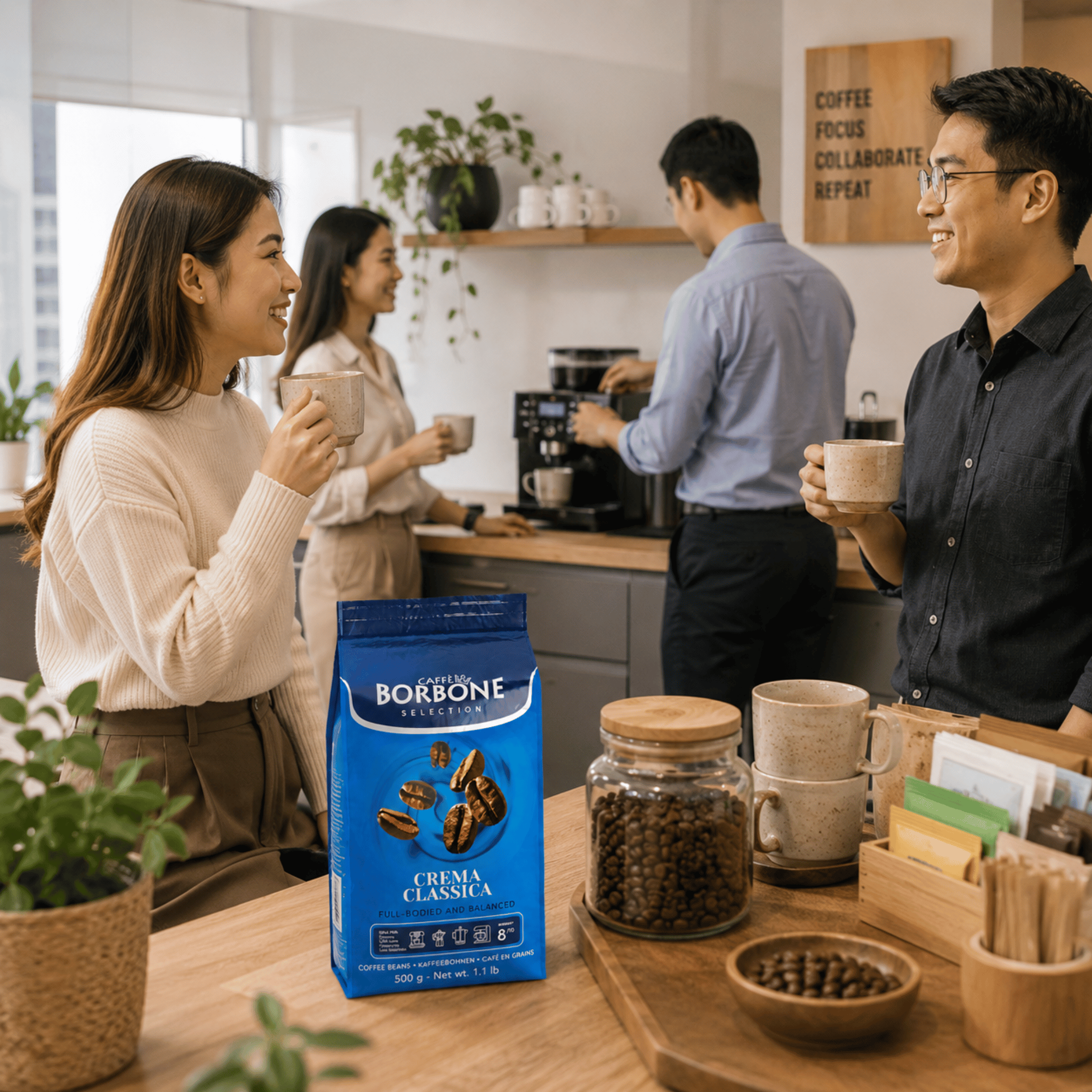 Caffe Borbone Crema Classica Whole Coffee Beans 500g in a professional café, hotel or office environment, premium Italian espresso coffee for commercial bean to cup machines, hospitality and workplace coffee service