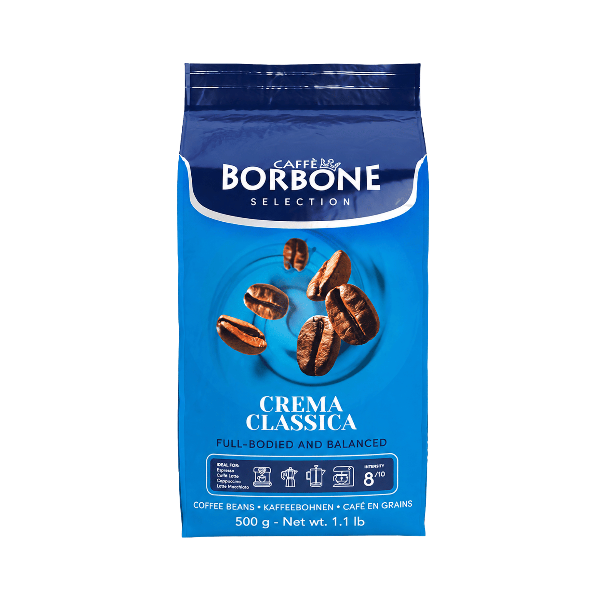 Caffe Borbone Crema Classica Whole Coffee Beans 500g Medium Roast 8/10 Intensity, rich Italian espresso coffee for cafés, restaurants, hotels, offices, hospitality businesses and home coffee lovers