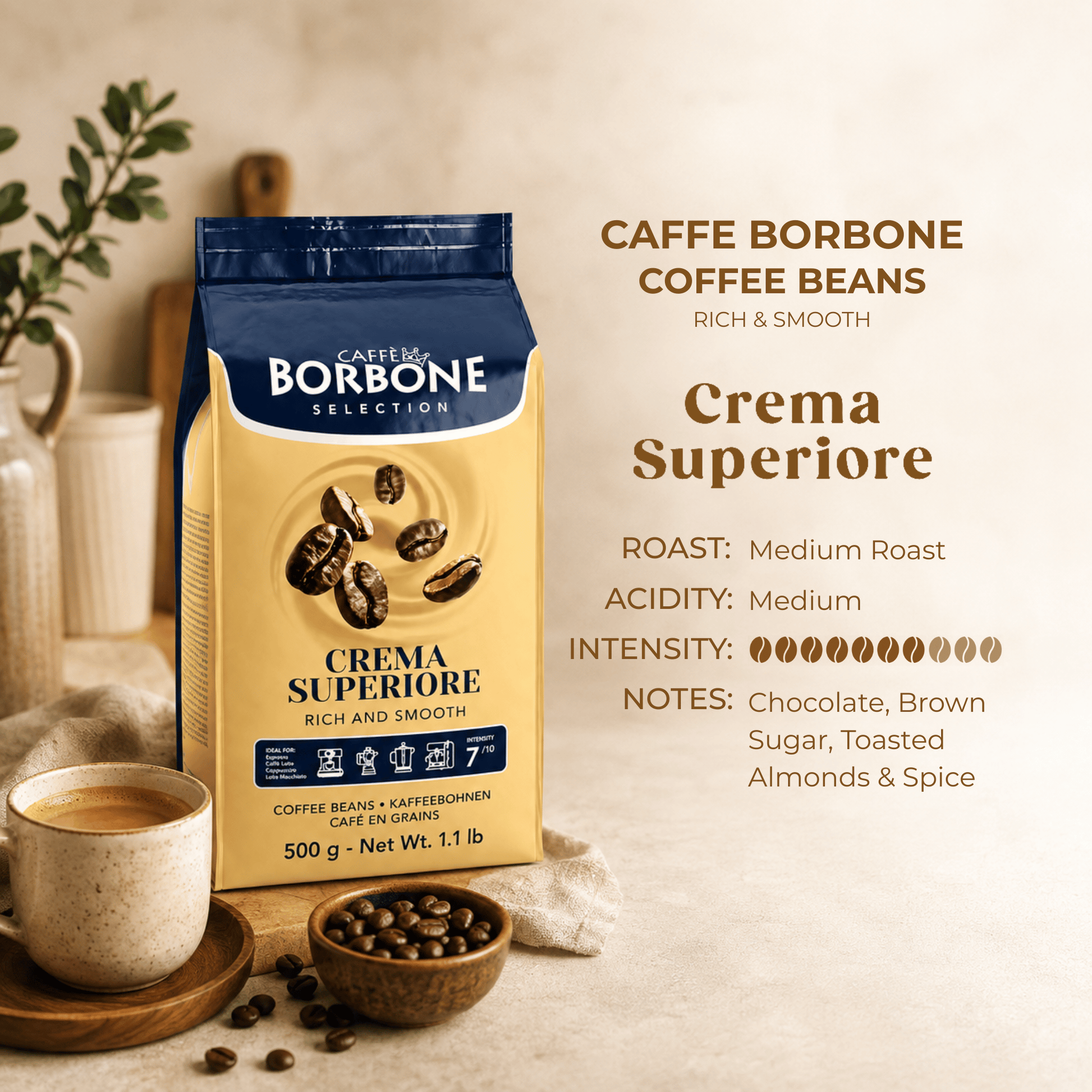 Caffe Borbone Crema Superiore Whole Coffee Beans 500g product information showing Medium Roast, 7/10 Intensity, smooth aromatic profile and whole bean coffee specifications for professional and home brewing