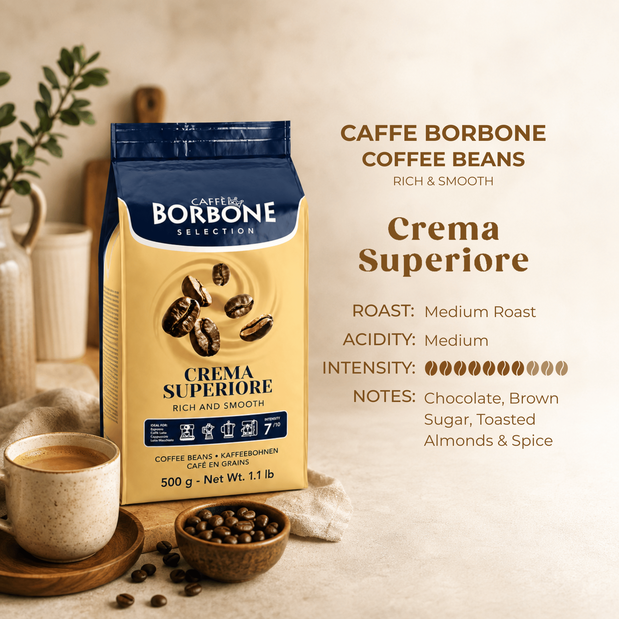 Caffe Borbone Crema Superiore Whole Coffee Beans 500g product information showing Medium Roast, 7/10 Intensity, smooth aromatic profile and whole bean coffee specifications for professional and home brewing