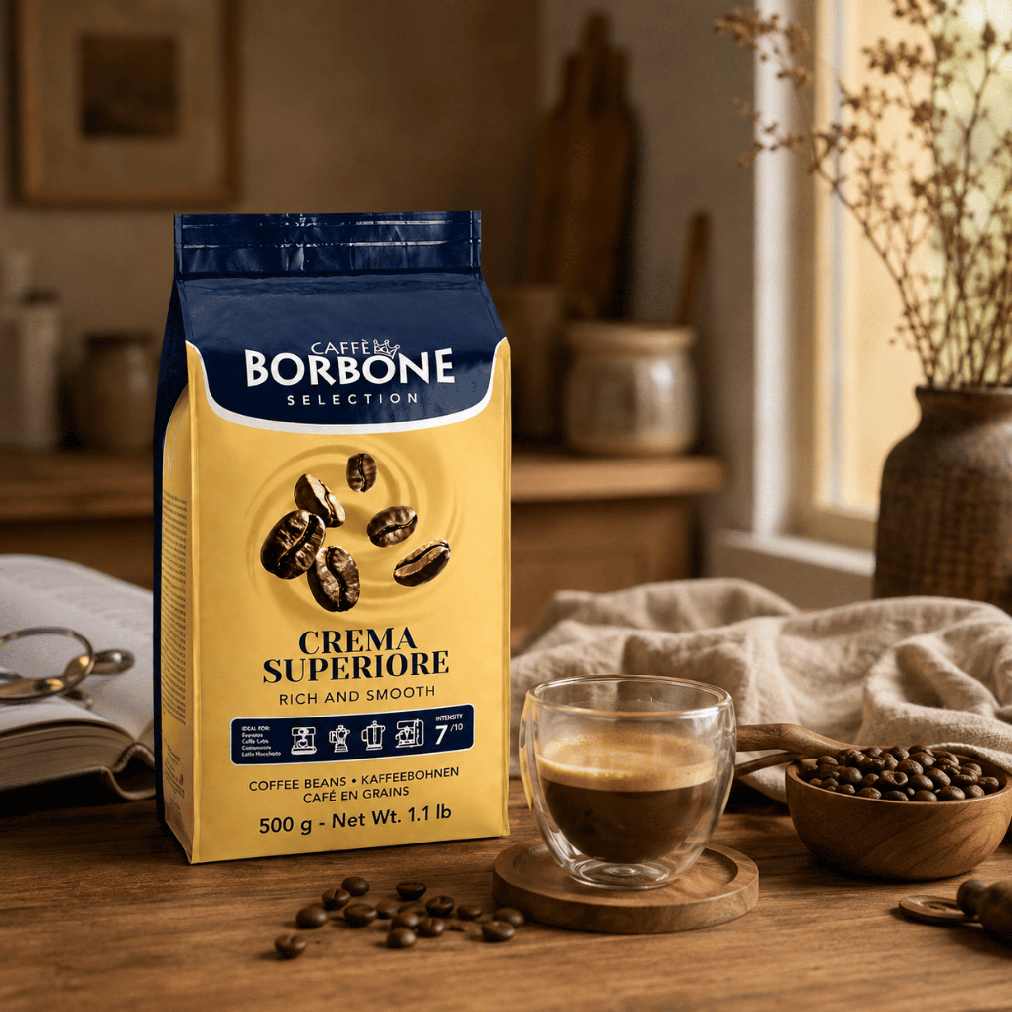 Close up of Caffe Borbone Crema Superiore Whole Coffee Beans 500g, medium roast Italian coffee beans with smooth balanced flavour and rich aroma for espresso machines, bean to cup machines and moka pots