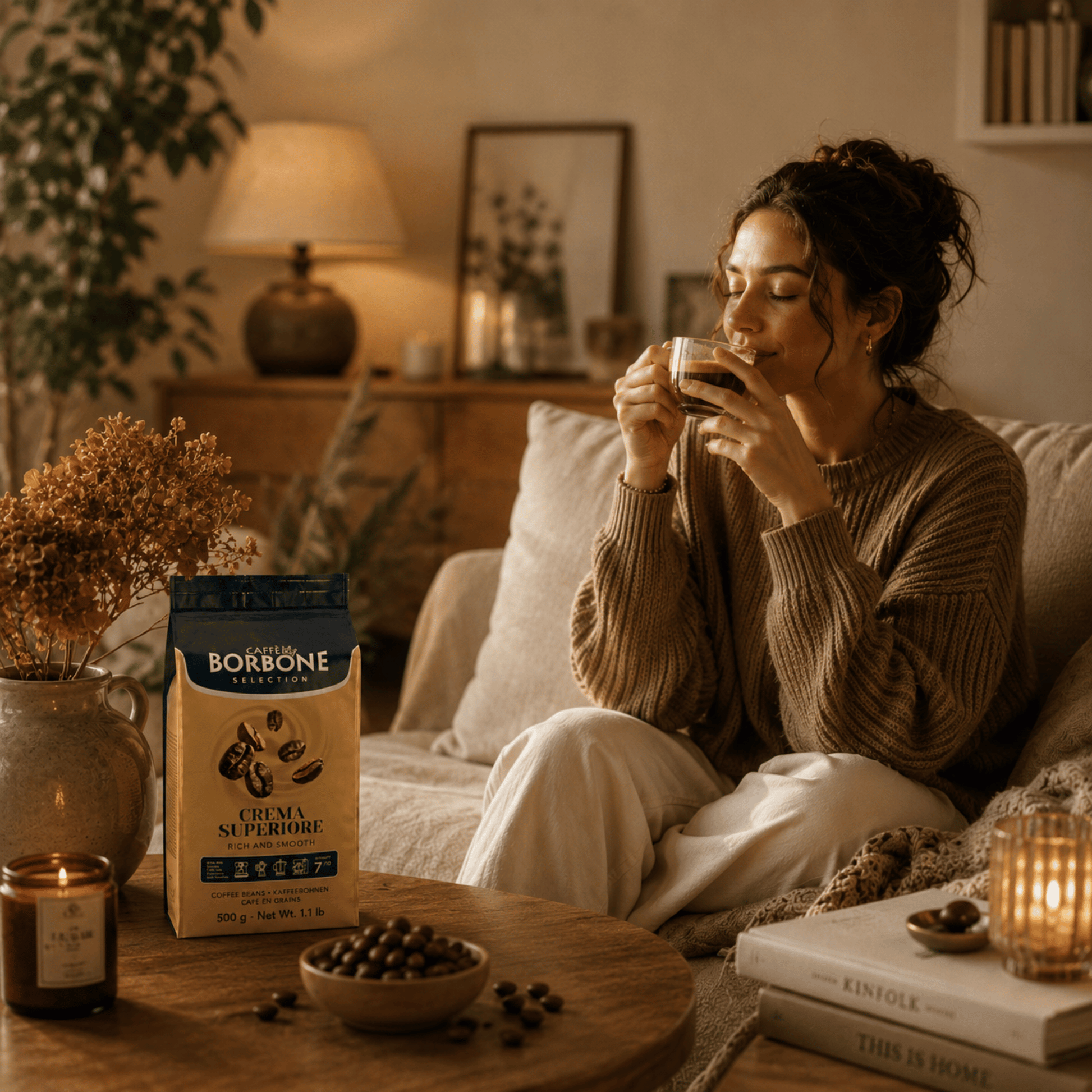 Person enjoying freshly brewed Caffe Borbone Crema Superiore Italian coffee, medium roast 7/10 intensity whole beans for espresso, cappuccino, latte and everyday home coffee brewing
